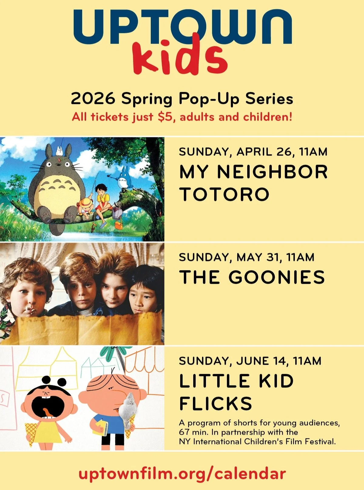 @uptownfilmnyc has two more screenings coming up in their kids' series this spring: The Goonies on May 31 and a collection of shorts for young viewers on June 14. Both will take place at 11 AM at AMC Lincoln Square, buy your tickets (only $5 for kids