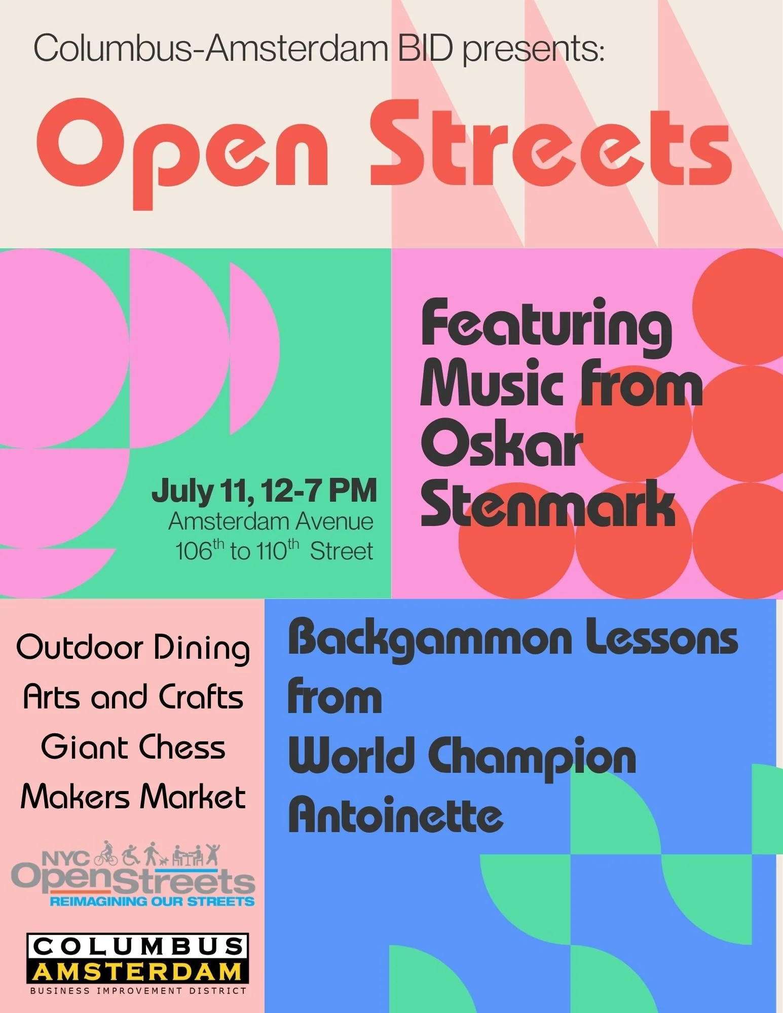 Come join us July 11th for Open Streets! 

We will be kicking off our On Air Markets, selling artwork and handmade goods from international and local vendors! 

Get ready for special musical performances from Oskar Stenmark and Backgammon Lessons fro