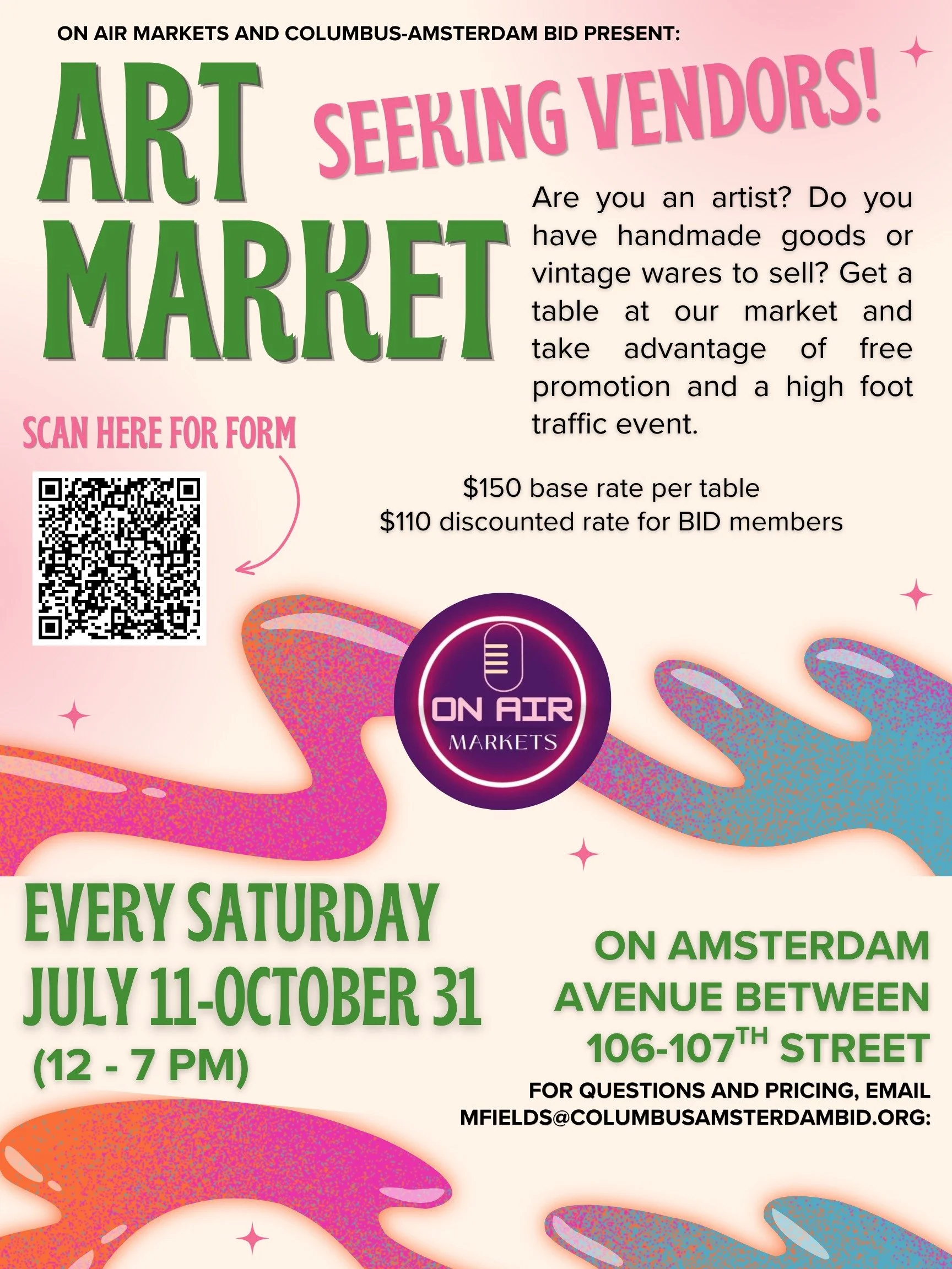 Are you an artist? Are you looking for a place to sell your handmade goods and wares? Want to benefit from free promotion and heavy foot traffic? Apply to be a vendor for our Artisan Market brought to you by On Air Markets and Amsterdam Open Streets 