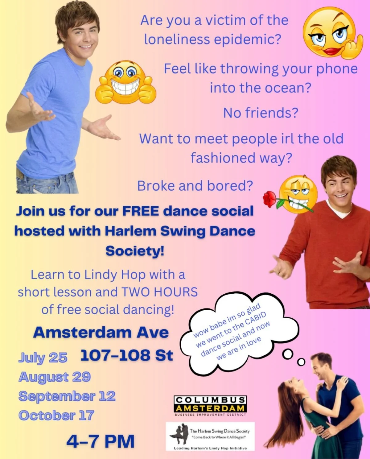 No more lonely hearts club! Come build community with us at Amsterdam Open Streets with our four-part dance social series! Learn the Lindy-Hop, the dance style that influenced so much of modern dance forms today! 

EVENT DETAILS: 
The Columbus Amster