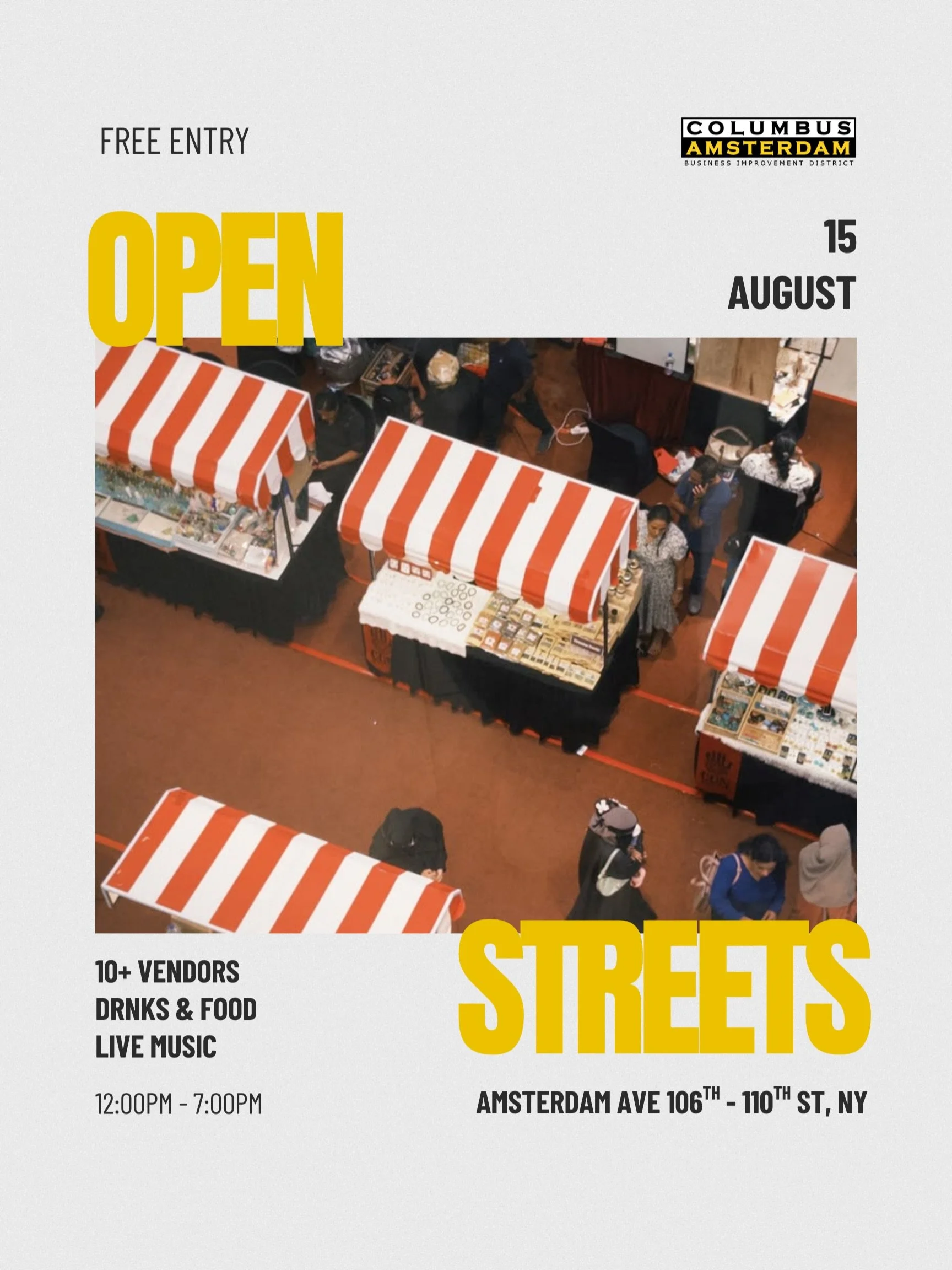Open Streets is back this Saturday! ☀️

Join us on Amsterdam Ave for an afternoon of local vendors, food &amp; drinks, live music, and more

📅 August 15
⏰ 12&ndash;7 PM
📍 Amsterdam Ave, 106th&ndash;110th St

Come hang out, explore the neighborhood,
