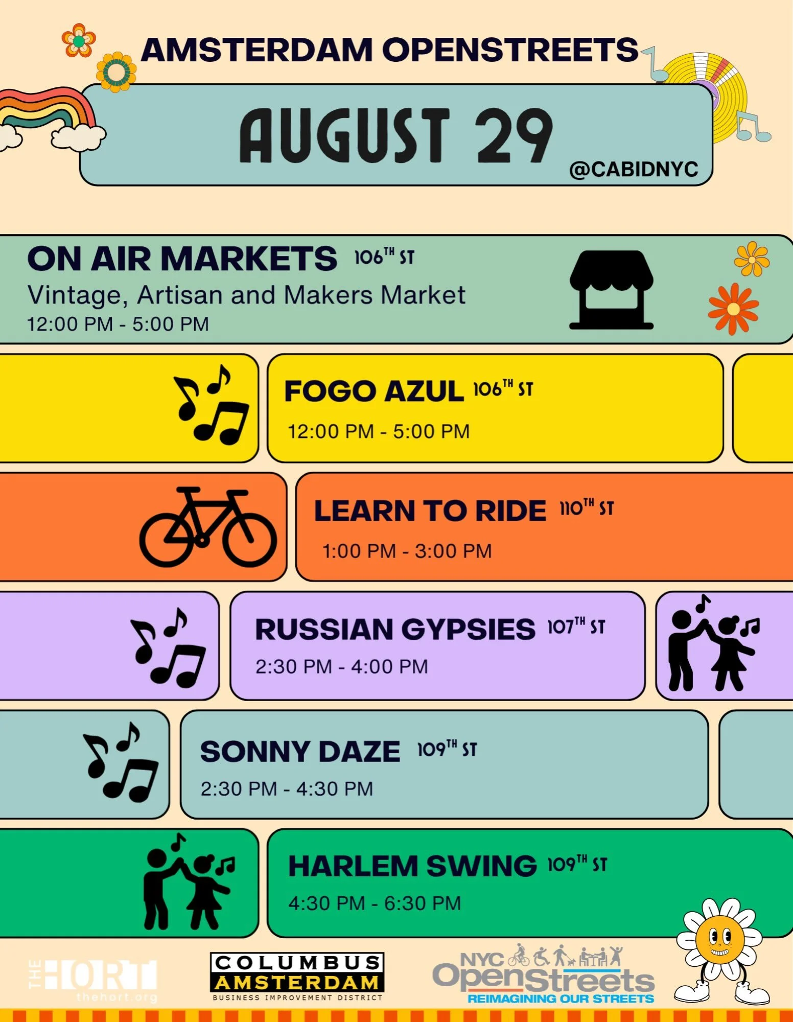 Did someone say Manhattan Valley Lalapalooza??? 

Join us at the CABID this SATURDAY August 29th for an absolutely STACKED day of music, live performances, and dancing. 

@fogoazulny is kicking us off STRONG with an epic audio visual performance and 