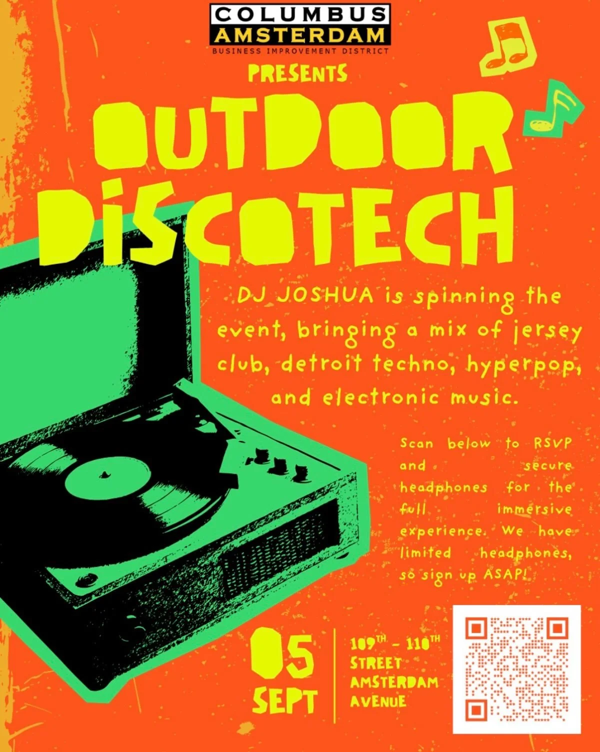 Calling Upper West Side Party People!!!! 

We are so excited to announce our first Silent Disco Outdoor Dance Party happening THIS SATURDAY September 5th from 4-6 PM. DJ @jauwshewuh will be spinning a mix of jersey club, Detroit techno, and electroni