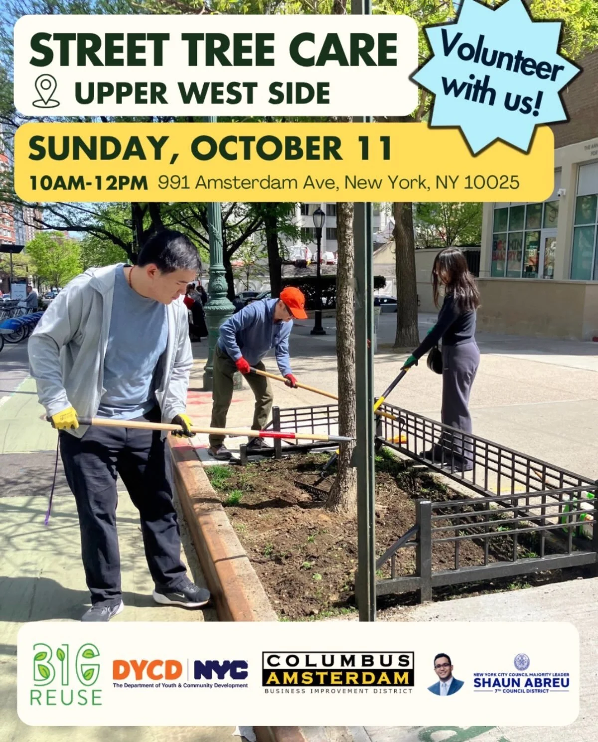 Are you looking for ways to get involved in your community? Want to learn about environmental stewardship and street tree care? 

Come join us and BigReuse THIS SUNDAY to clear litter and weeds from tree beds, and mulch before the winter comes. We wi