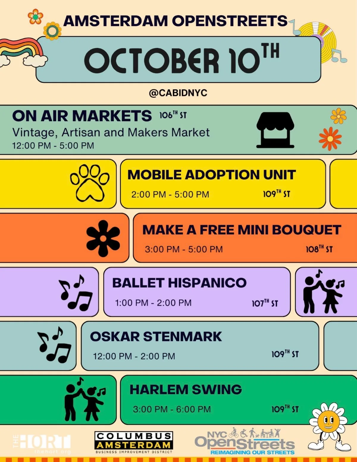 Here&rsquo;s a look at what&rsquo;s coming up on our OpenStreets THIS SATURDAY!! 🍁🍂🍃

We&rsquo;ve got TWO dance lessons and socials with Ballet Hispanico and Harlem Swing 💃🕺, live music performances from Oskar Stenmark 🎺, a MOBILE ADOPTION UNIT