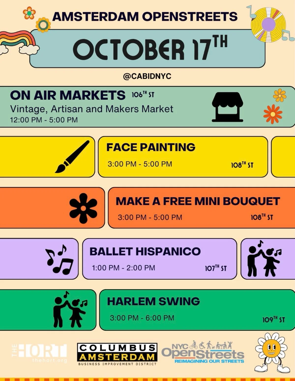 Amsterdam OpenStreets is BACK this Saturday with dancing, flowers, face-painting, and our premier Artisan + Vintage market. 

Get ready for back to back dance socials, featuring Salsa and Bachata lessons with Ballet Hisp&aacute;nico, and then Swing D