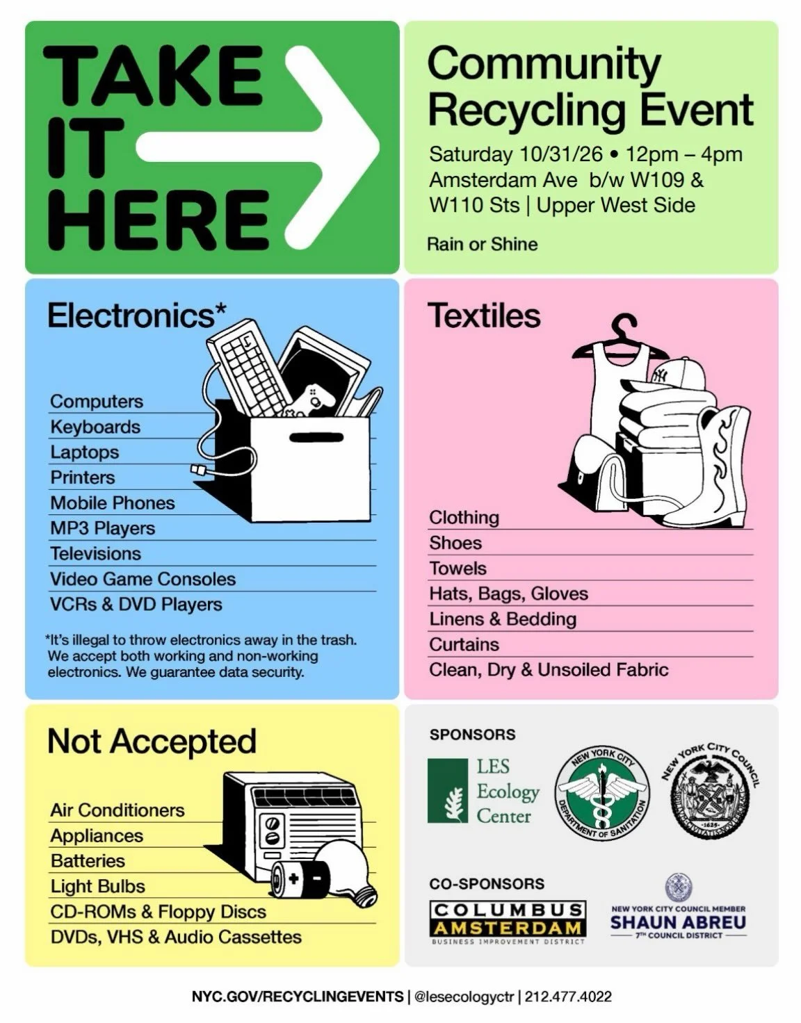 Clutter and e-waste can feel spooky 👀👻😰 Don&rsquo;t be haunted by the ghost of electronics past and come to our community recycling event with Lower East Side Ecology taking place on Halloween Day. 🎃🧟&zwj;♀️🕷️

📍110th street and Amsterdam Aven