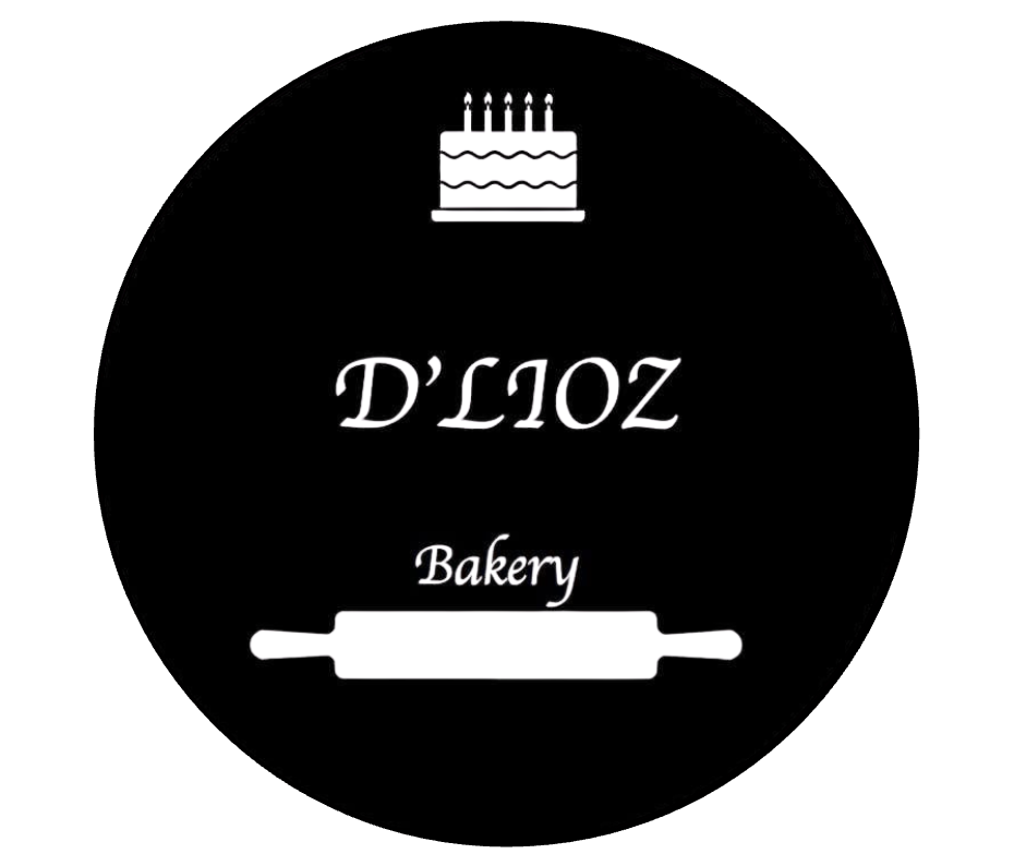 Black circular logo with a white birthday cake at the top, a rolling pin at the bottom, and the words "D'LIOZ" and "Bakery" in the center.