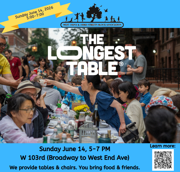Many neighbors sitting at a table sharing food and beverages. Talking and communicating while sitting outside on a public street closed to traffic.
