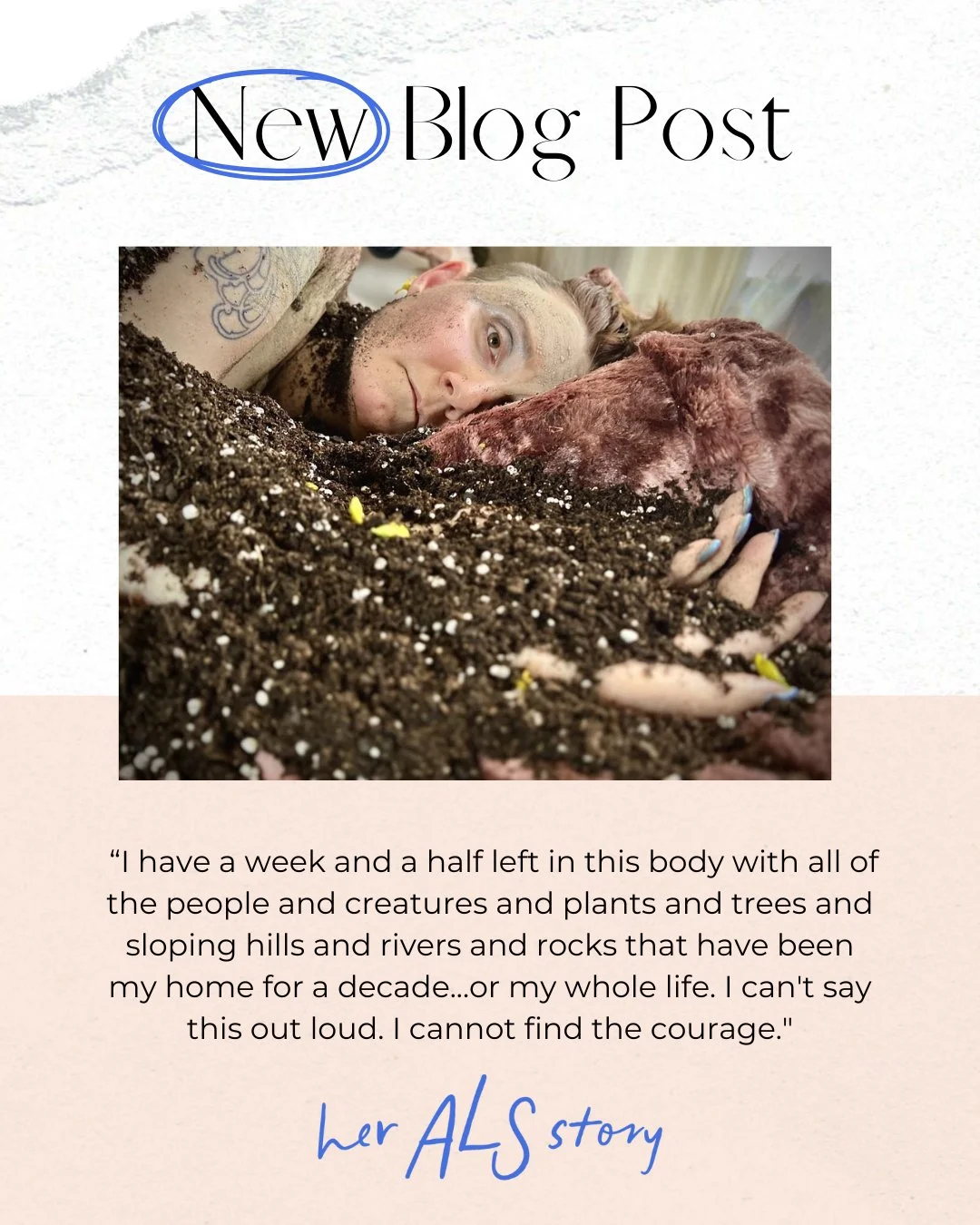 Link in bio ⬆️

Our beloved sister, Lindsay A, quite simply is the personification of poetry and art in human form. While goodbyes are always hard, she lives true to herself in the final moments until she goes to her other home--the dirt home.

 #ALS