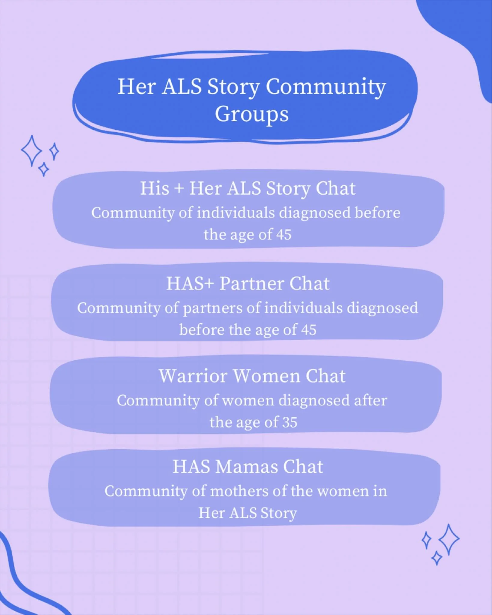 Check out the satellite communities we&rsquo;ve created to spread our HAS magic a little further ✨

DM if you&rsquo;re interested in joining or learning more!

#heralsstory #als #mnd #alsawareness #community