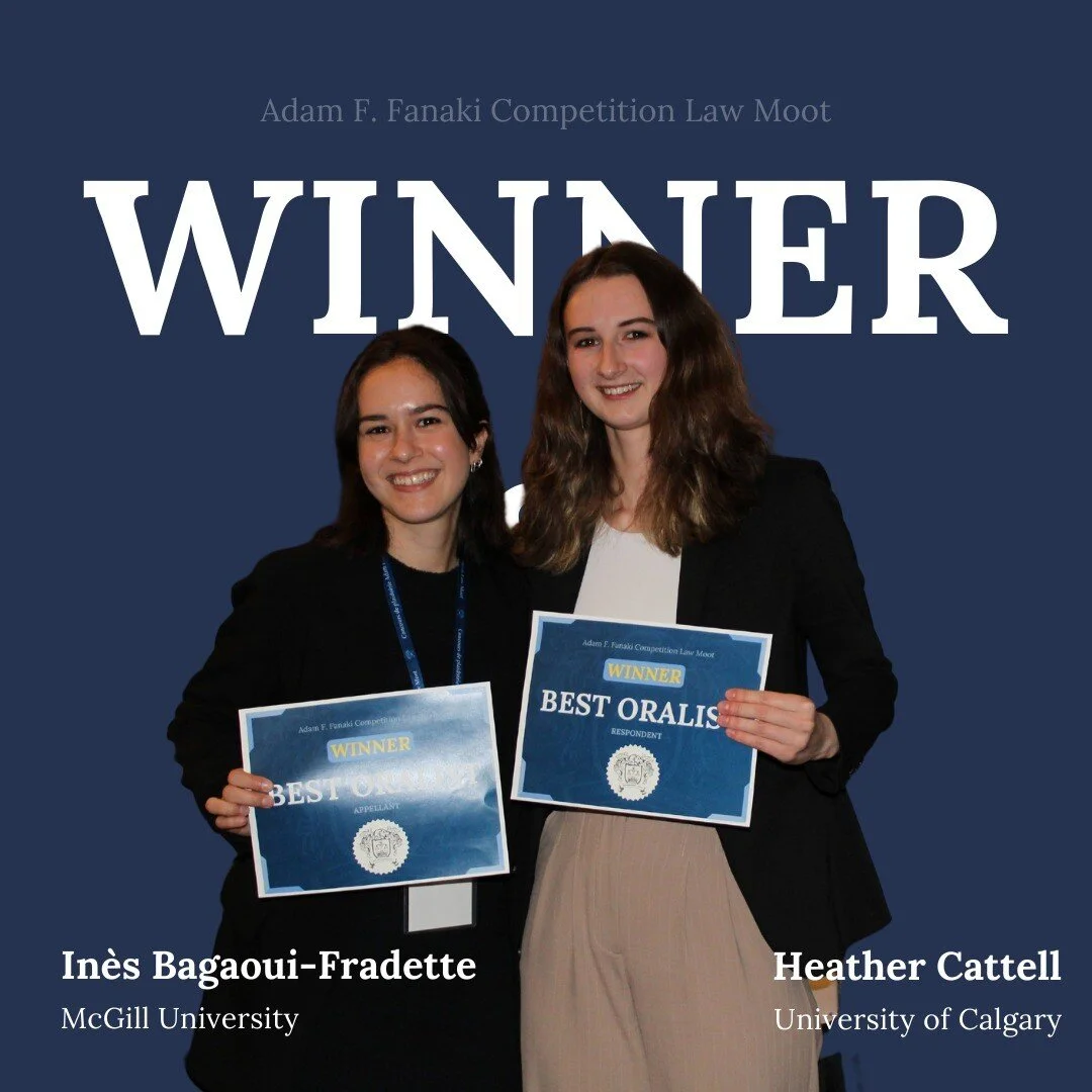 Give it up for the BEST Oralists at the Fanaki Moot! 

In&egrave;s Bagaoui-Fradette (appellant) from McGill University, and Heather Cattell (respondent) from the University of Calgary each did a spectacular job and brought home gold for their teams.
