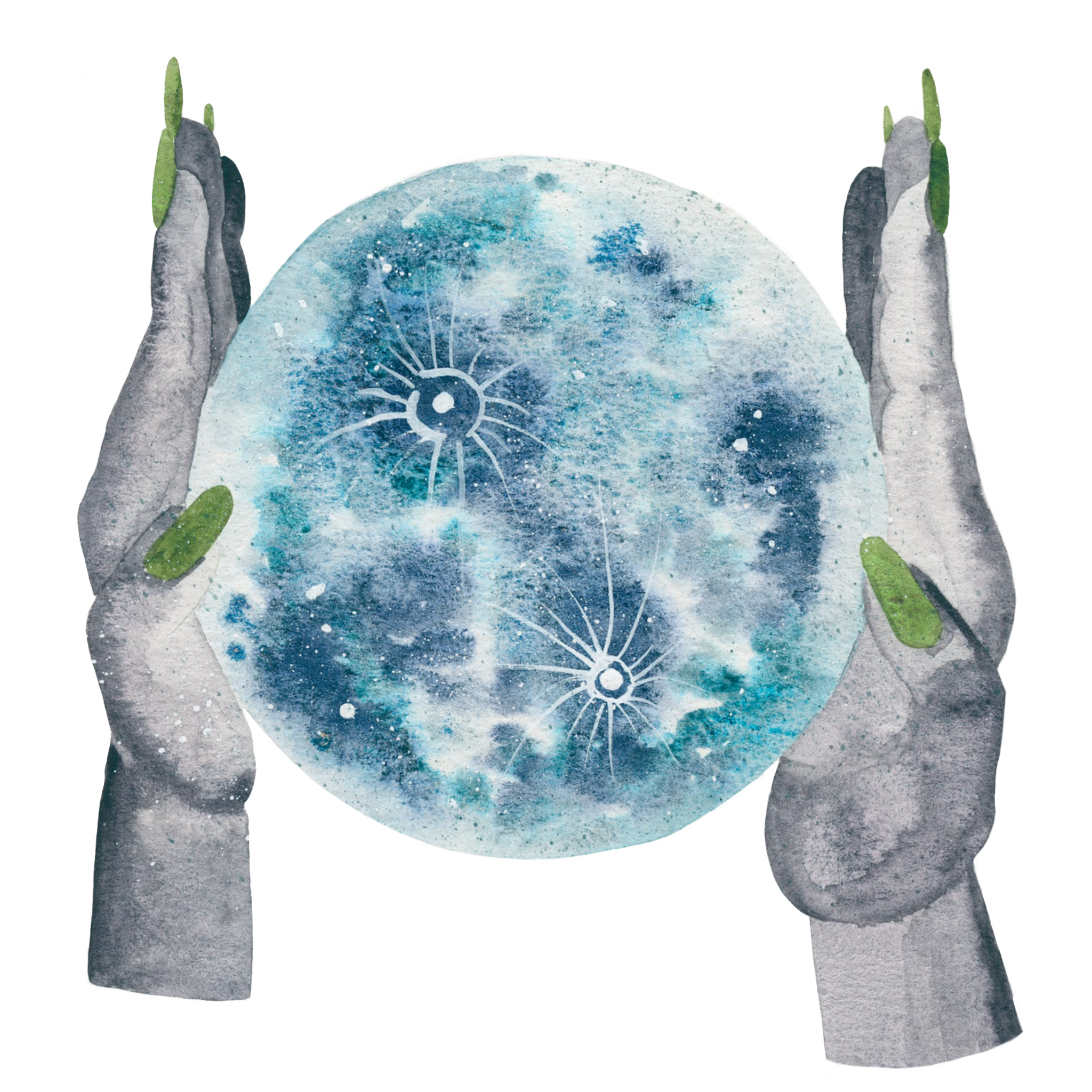 Watercolor painting of hands holding a moon with a galaxy design, including stars and celestial patterns.