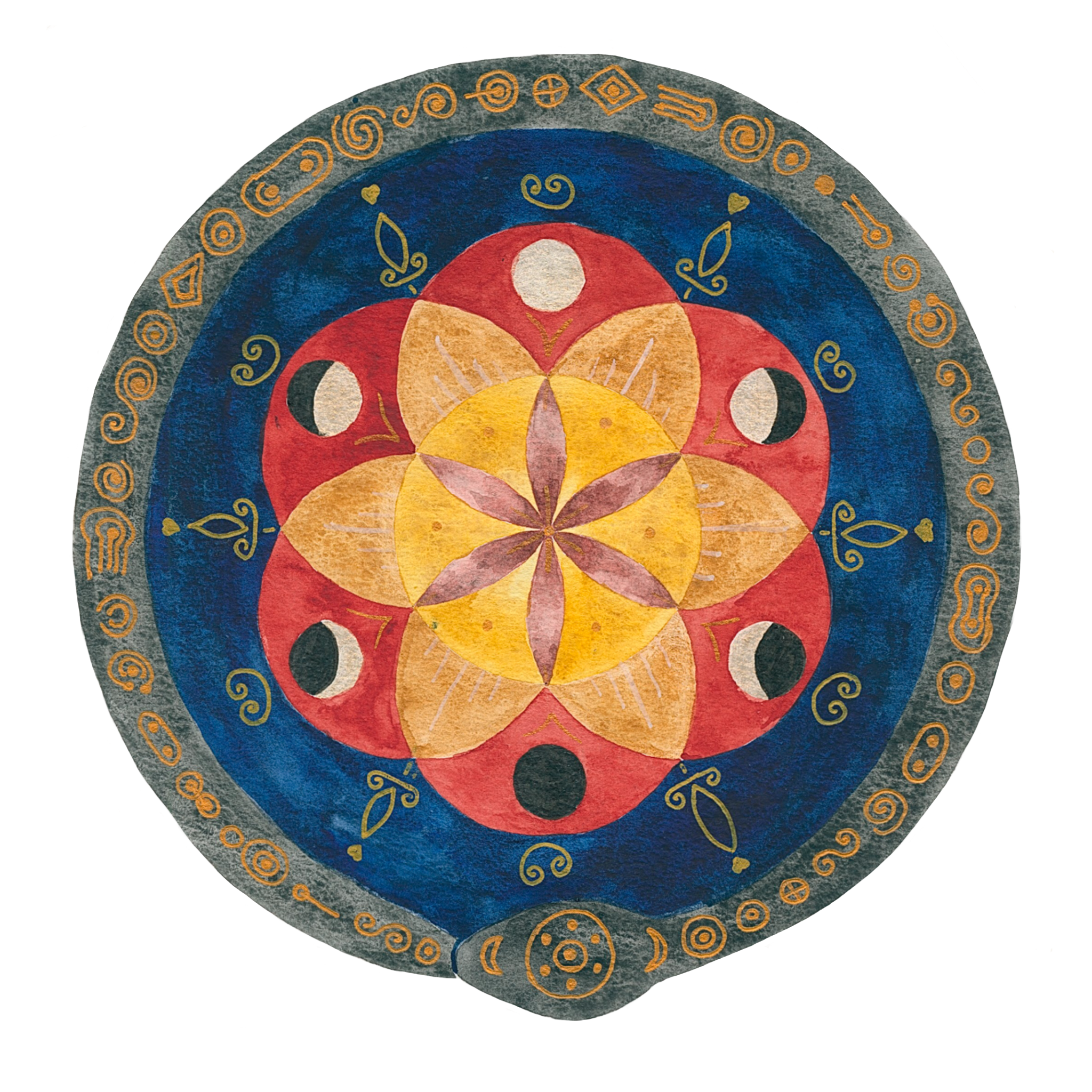 Serpent mandala with floral and symbolic elements, featuring yellow, red, blue, and copper hues, and the moon phases.