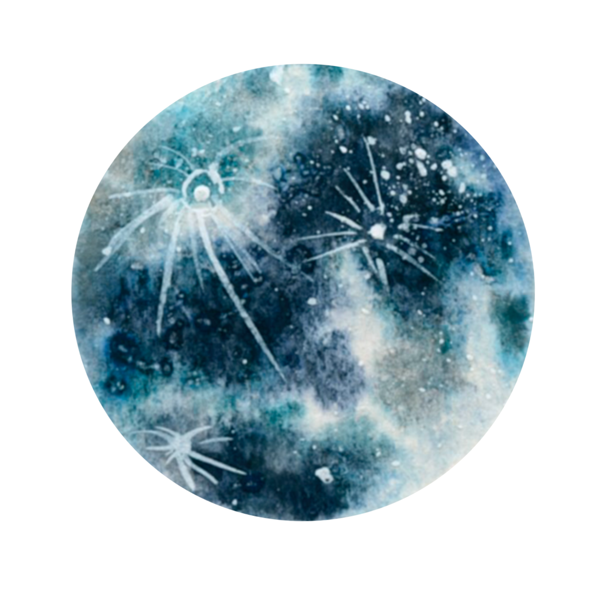 Close-up of dandelion seed heads with a cosmic or galaxy background, featuring star-like specks and nebulae in shades of blue and white.