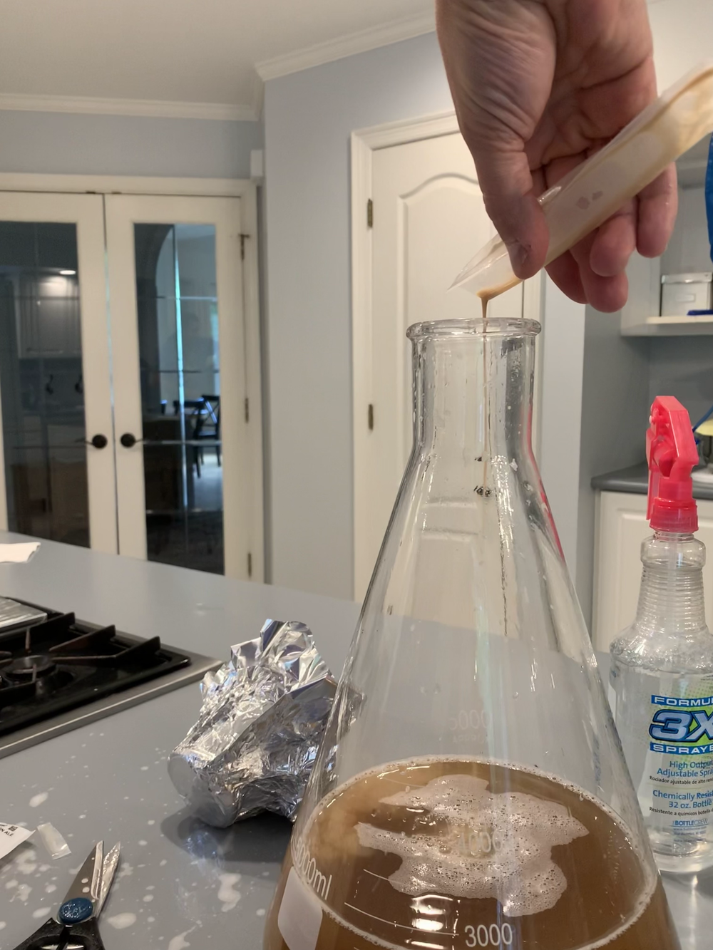  Maida prepares a yeast starter culture with nutrients and liquid yeast in an Erlenmeyer flask. Starter yeast cultures propagate enough yeast cells to meet a beer recipe’s required pitching rate.  Image credit: Laura Elizabeth Palermo. 
