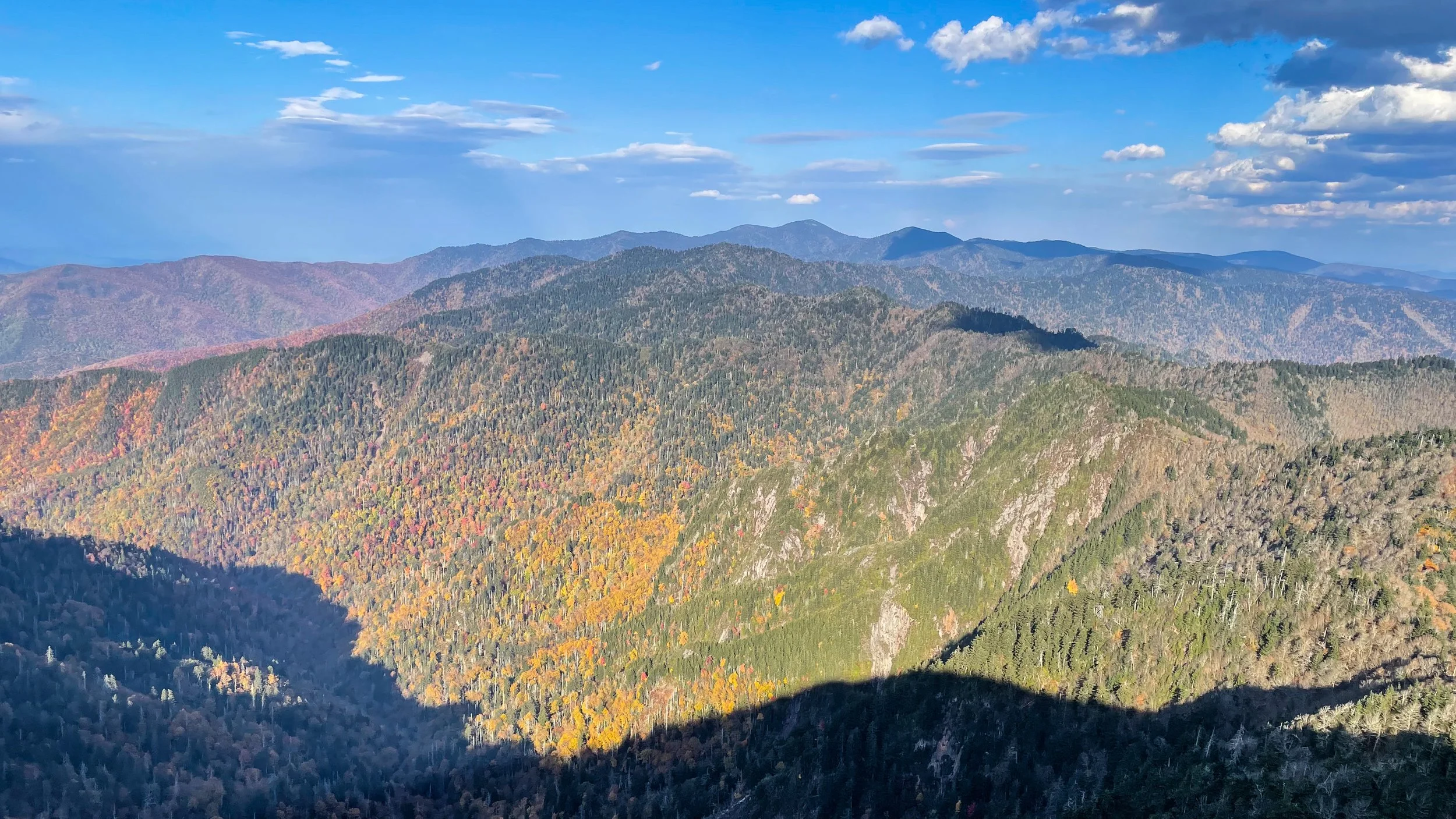 A beautiful fall view of the mountains' foothills filled with golden trees from a ridge along the Appalachian Trail. Image credit: Jeffrey Rose, edits by Rachel Lense for The Science Writer