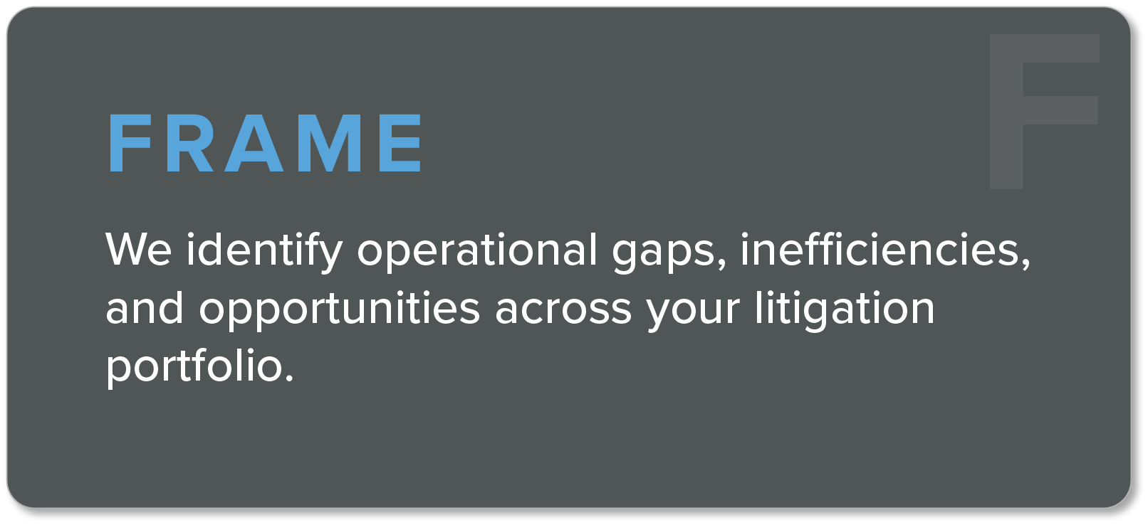 A presentation slide with the title ‘FRAME’ and the text ‘We identify operational gaps, inefficiencies, and opportunities across your litigation portfolio.’