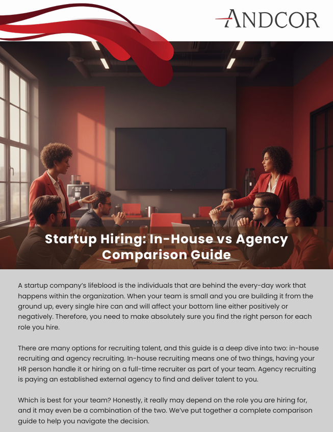 Cover of the Andcor guide "Startup Hiring: In-House vs Agency Comparison Guide."