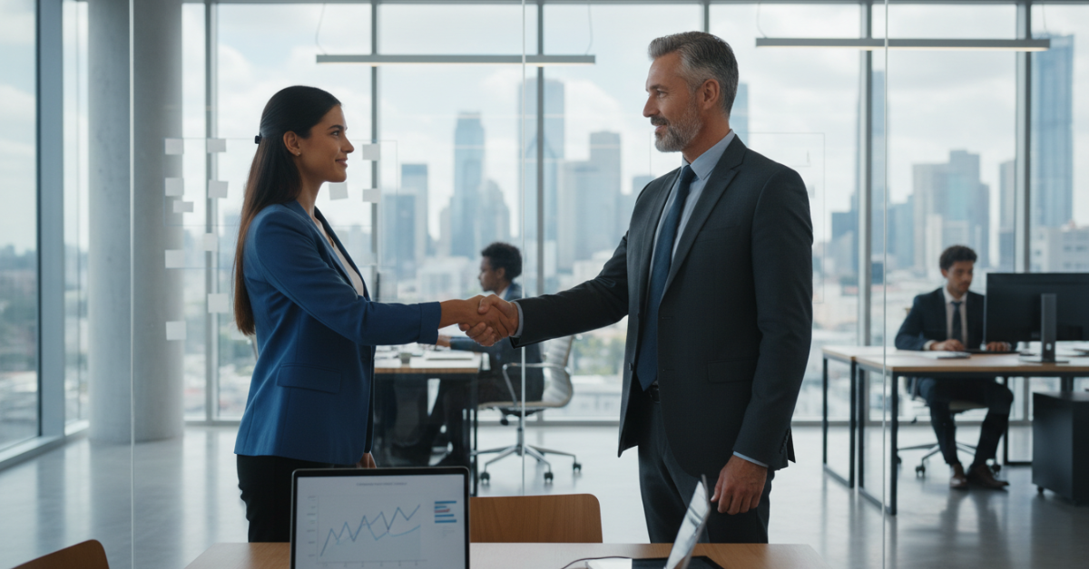 Banner showing two people, one woman with blue jacket and a man at an office background