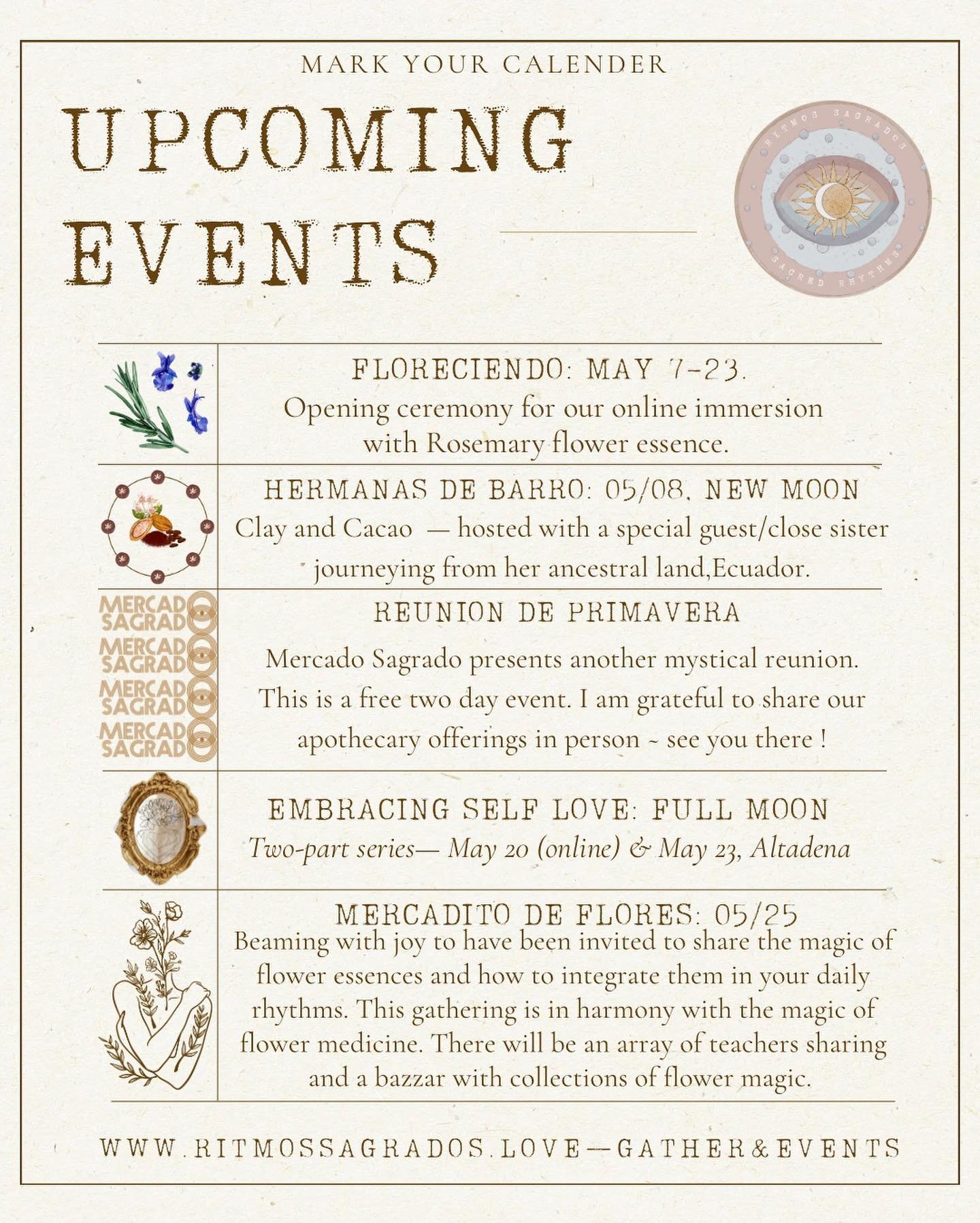 Blessings familia &mdash; an invitation to join me &amp; cocreate magic this spring ✨

My heart is beaming for all of our upcoming events next month. 
All orbiting around flower medicine &mdash; self love &mdash; altars &mdash; cacao &mdash; and clay