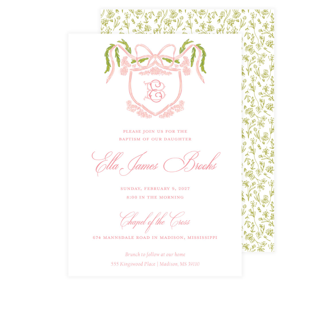 Green Garland Crest Baptism Invitation