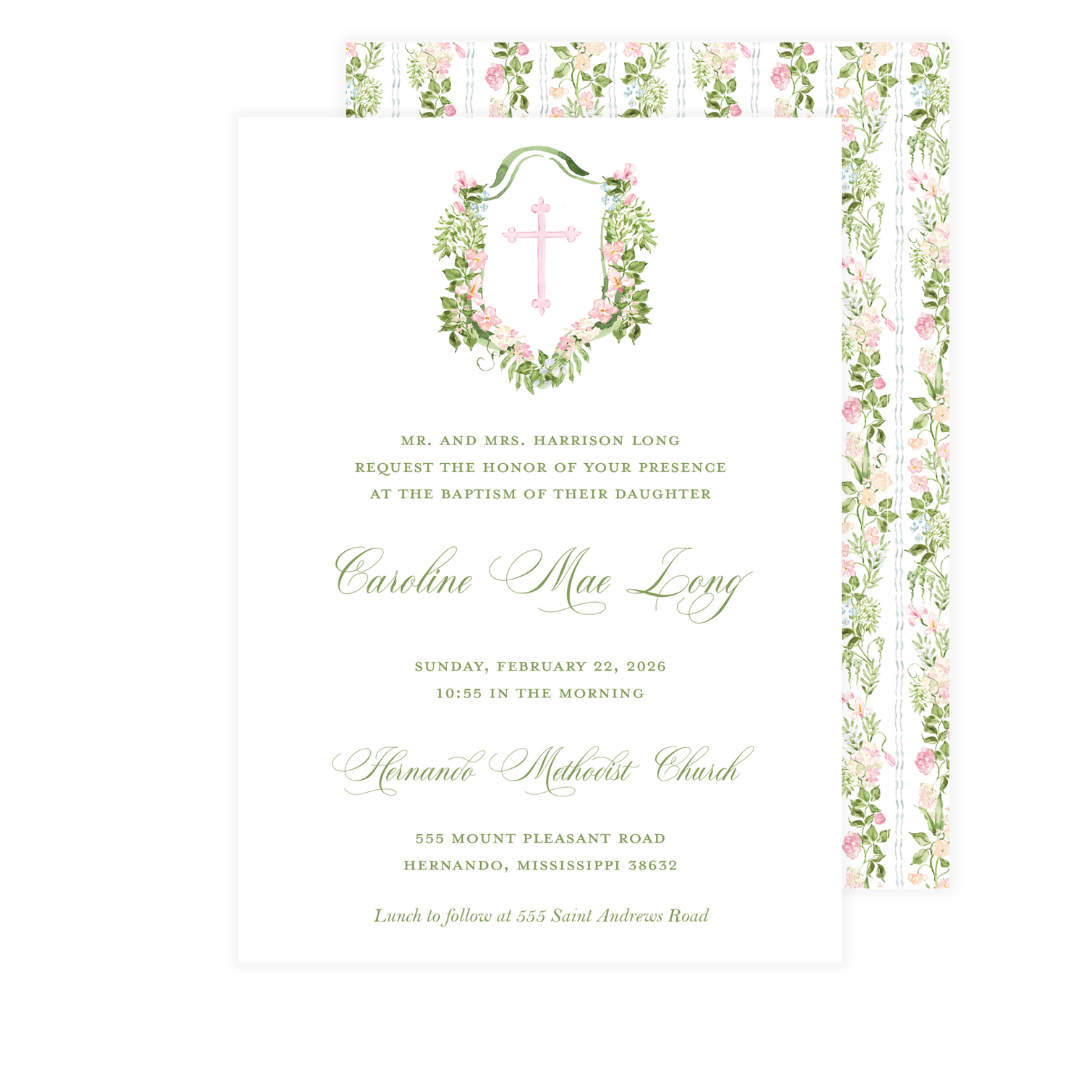 Blushing Floral Crest Baptism Invitation