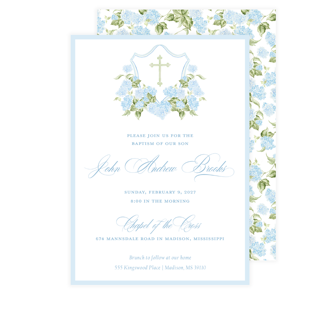 Blue Hydrangea Crest Baptism Invitation