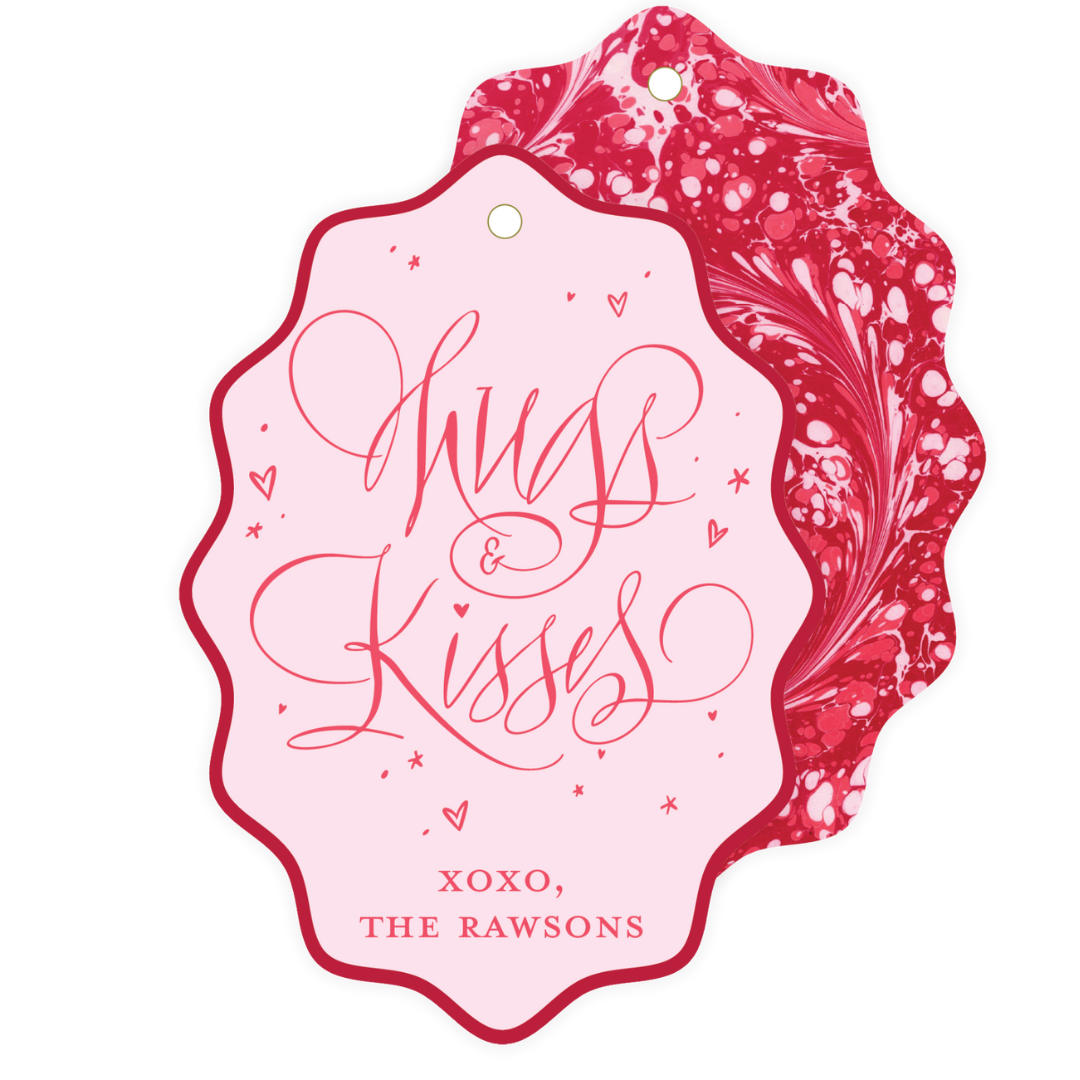Hugs & Kisses Calligraphy Red Marble XL Wavy Oval Tags