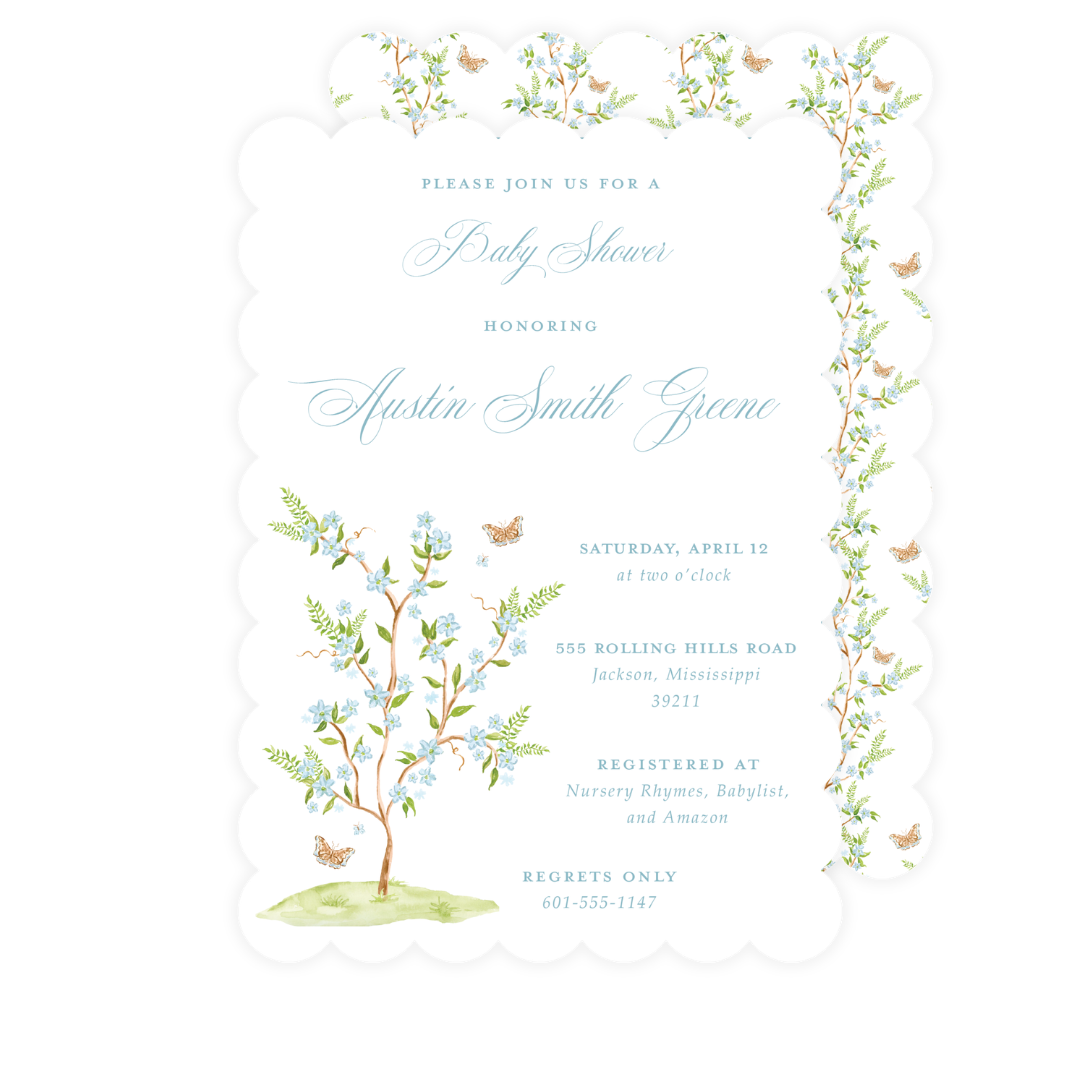 Blue Chinoiserie Scallop Baby Shower Invitation