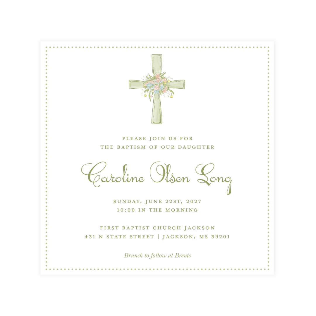 Floral Cross Square Baptism Invitation