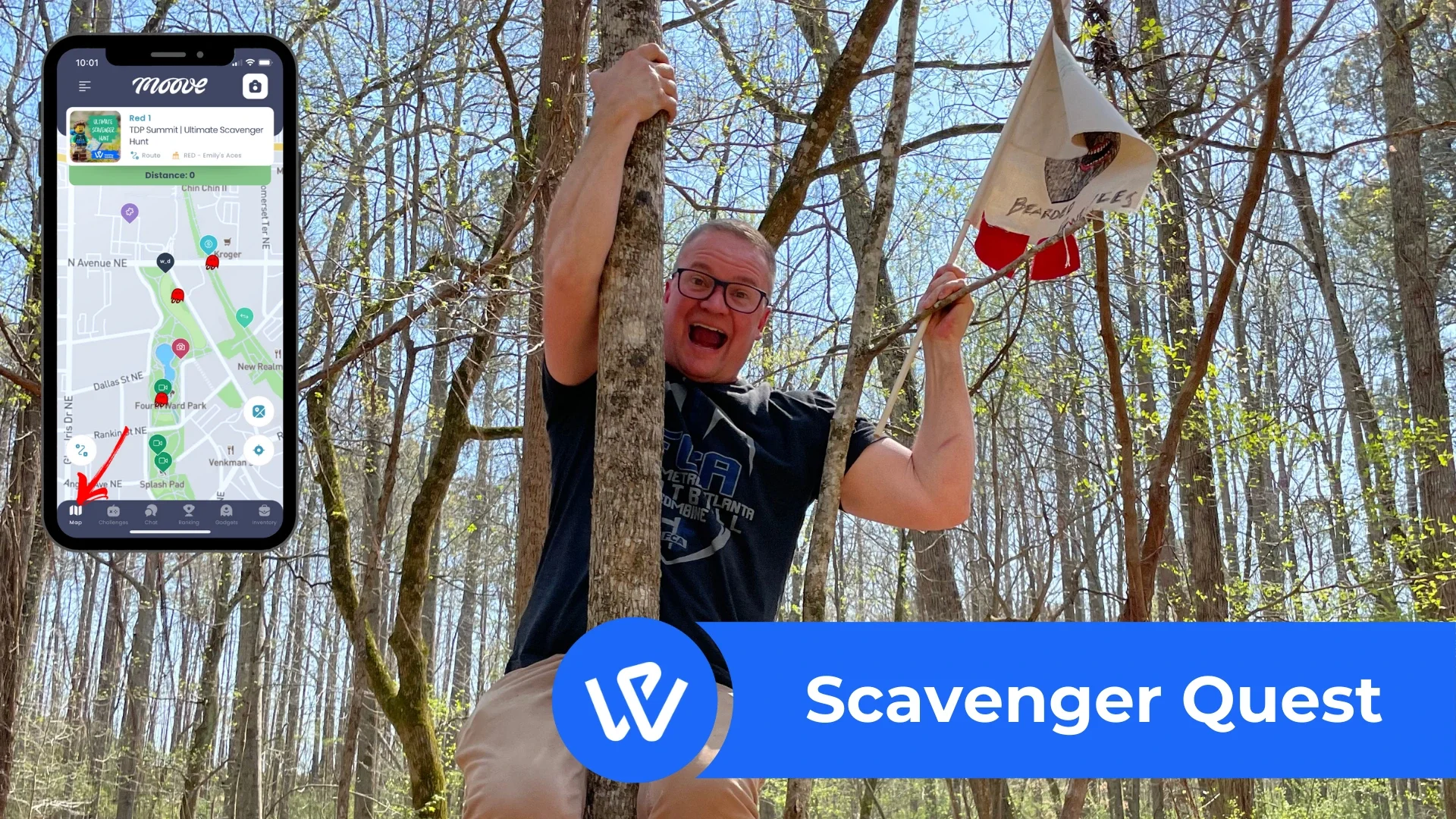 Excited man climbing a tree with a team flag in a scavenger hunt by WorkPlay Solutions