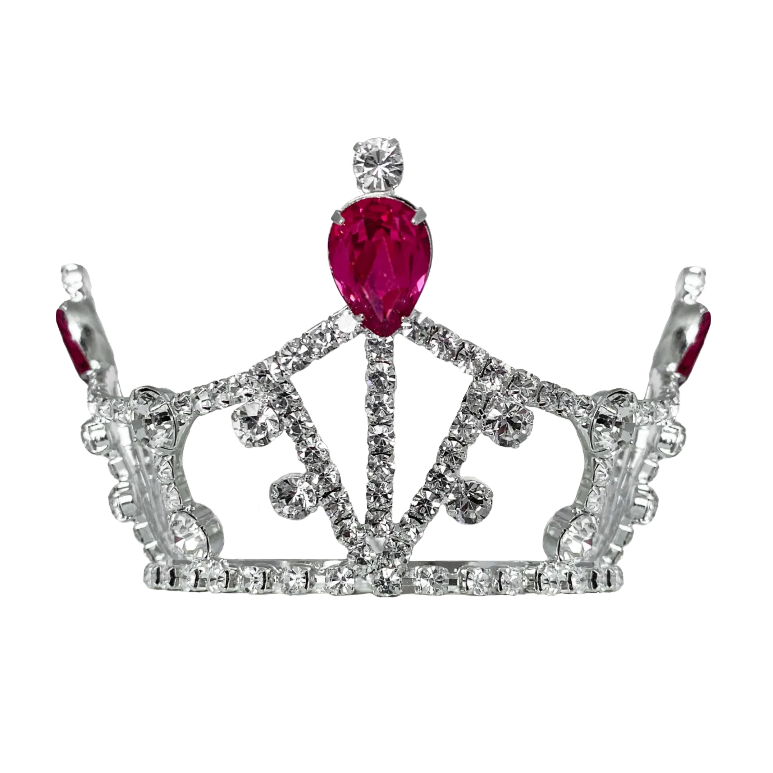 A silver tiara adorned with numerous small diamonds and three prominent gemstones, featuring a large pink gemstone at the center and two smaller clear gemstones above it.