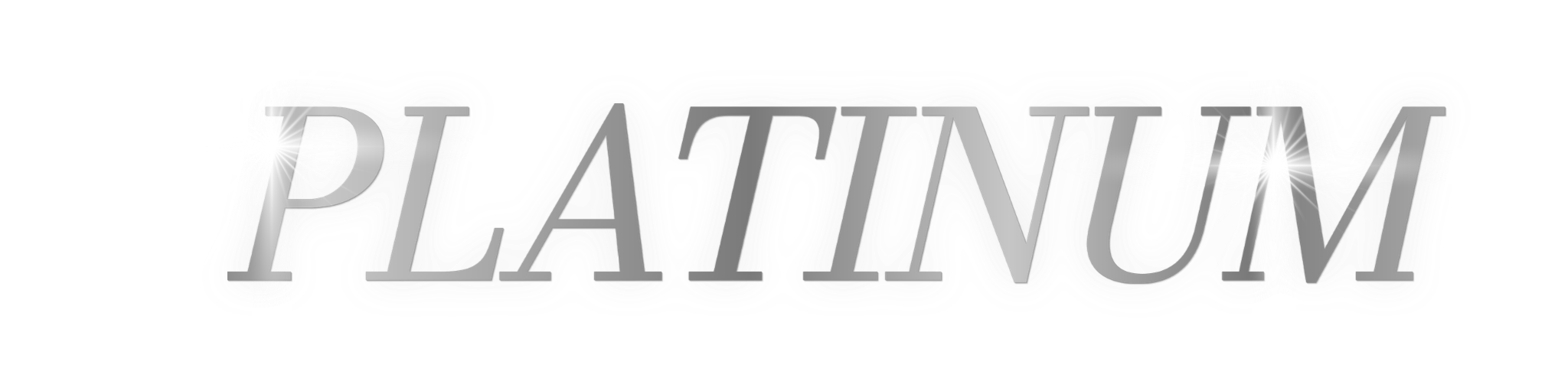 Stylized text saying 'PLATINUM' with light effects and starburst highlights.