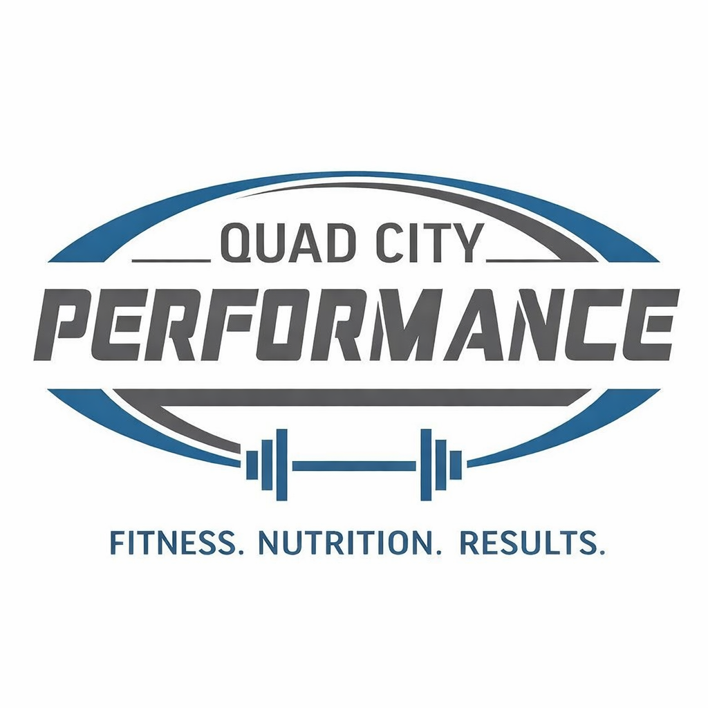Logo for Quad City Performance with text "Fitness. Nutrition. Results." featuring an abstract barbell.
