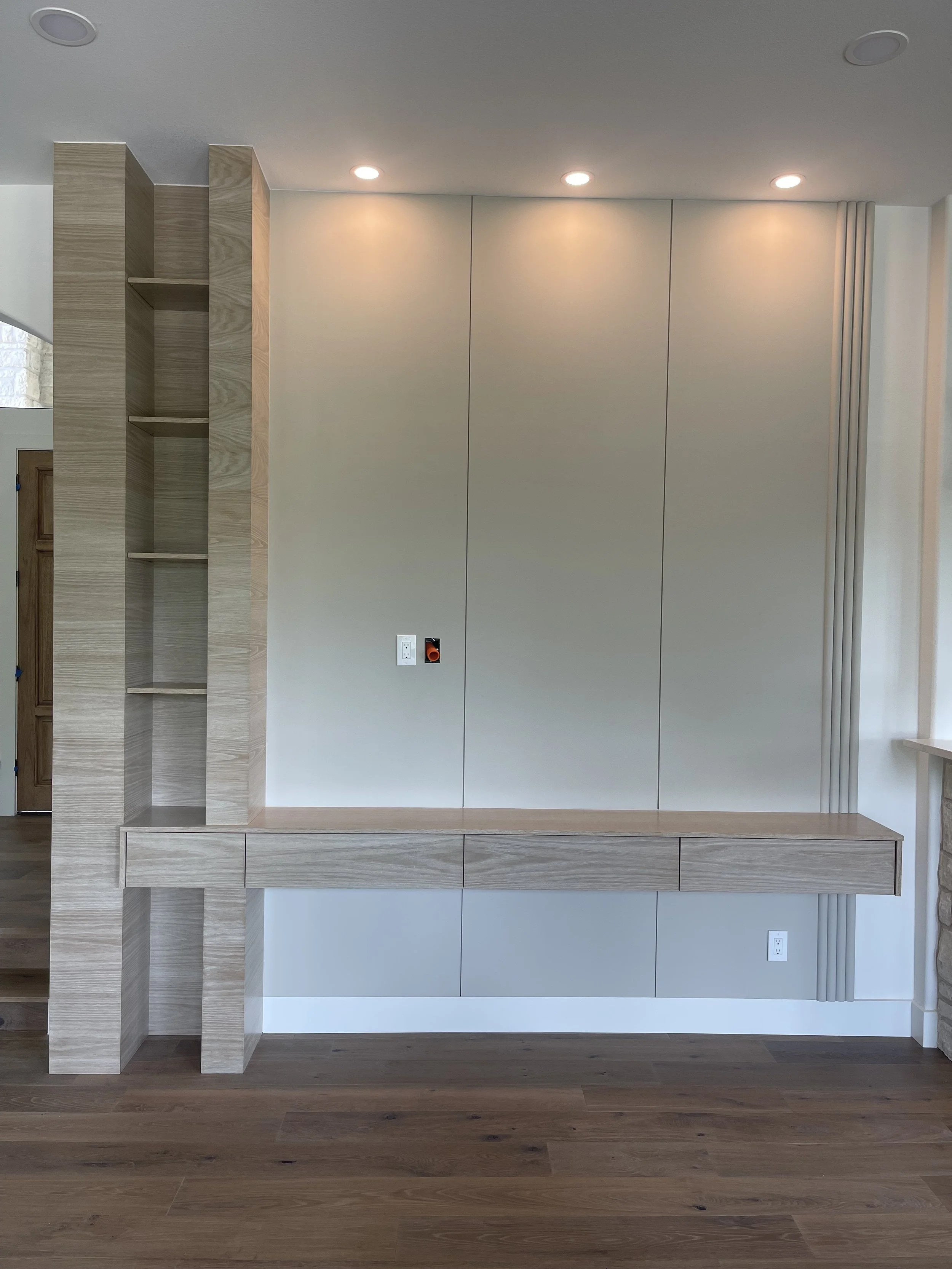 Modern Media Wall with White Oak Shelving
