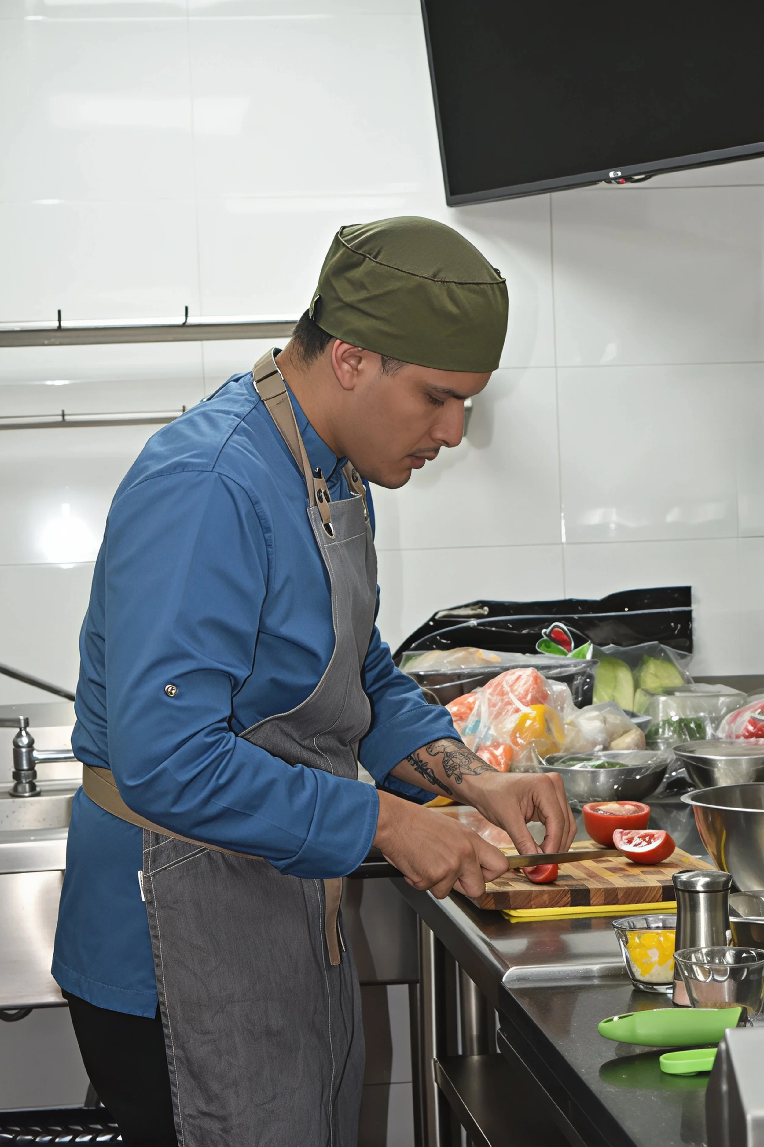 Participantes aplicando a entrenamientos culinarios en el exclusivo Four Seasons Resort Palm Beach, Florida.