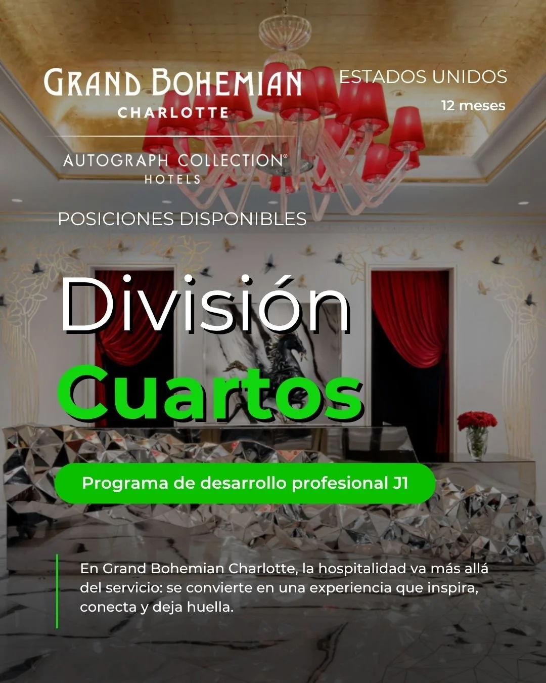 🔥 Una ciudad. Un hotel de lujo. Una experiencia que puede cambiar tu carrera. 🇺🇸
Grand Bohemian Charlotte, Autograph Collection, ubicado en North Carolina te espera para vivir una experiencia internacional en hospitalidad dentro del &aacute;rea de