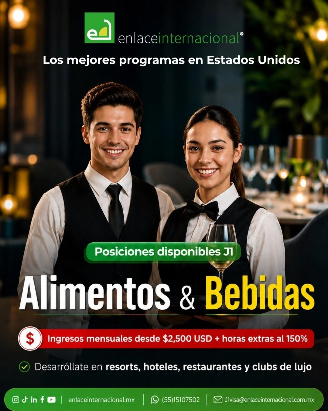🇺🇸✨ Lleva tu experiencia en hospitalidad m&aacute;s lejos.
Si estudias turismo, hoteler&iacute;a/hospitalidad o ya tienes experiencia en servicio, el programa J1 puede abrirte las puertas a hoteles, resorts y restaurantes en Estados Unidos. 🍽️🏨

