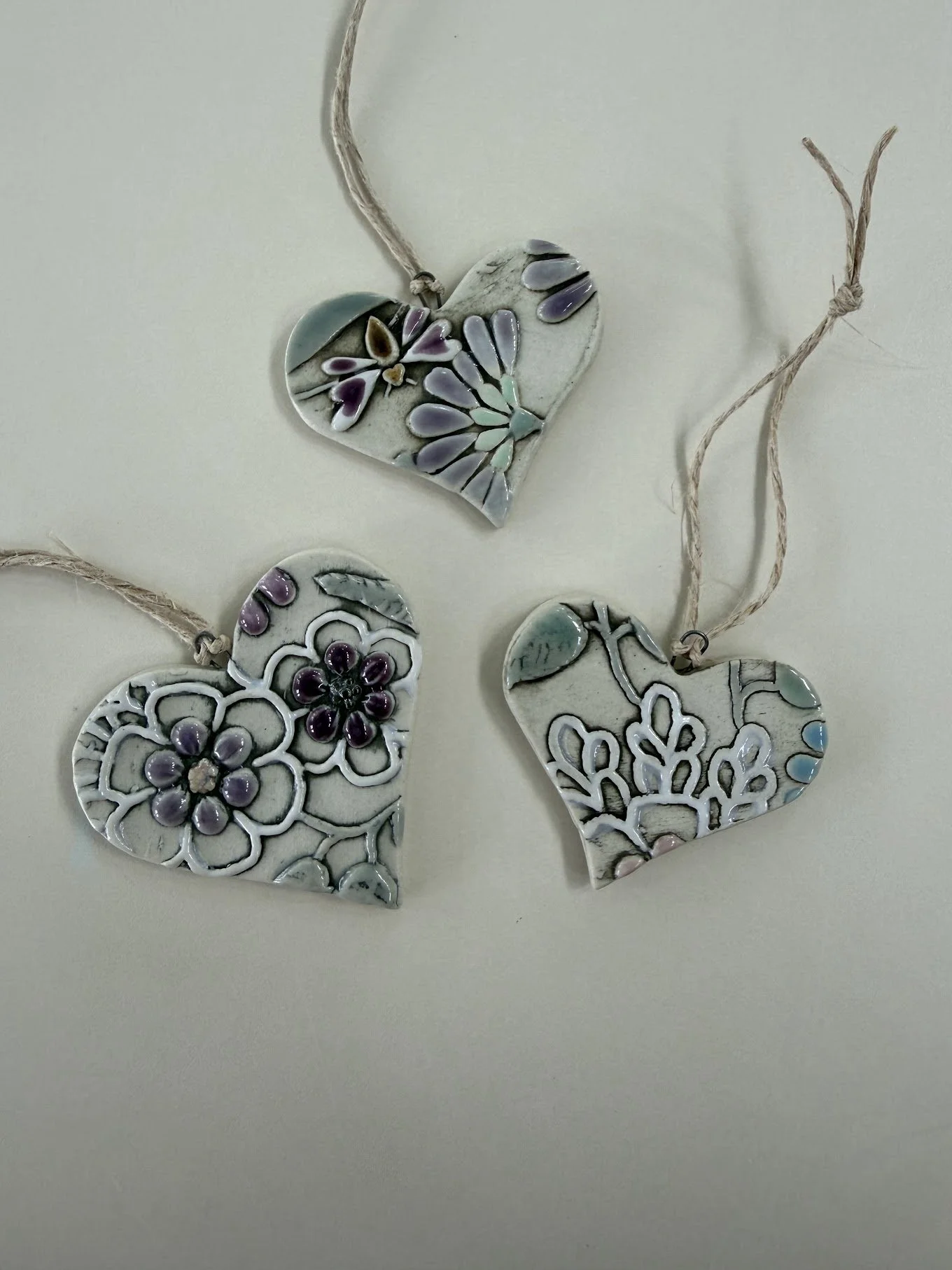 Floral Ceramic Heart Ornaments Set