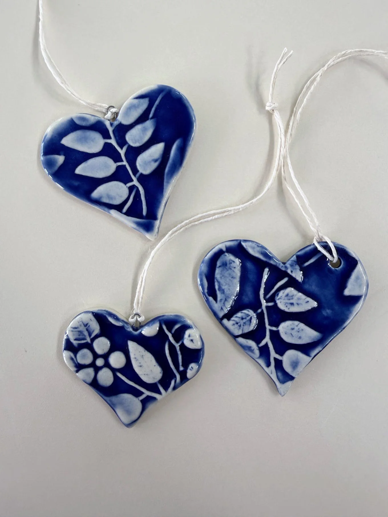 Porcelain Botanical Heart Ornaments Trio
