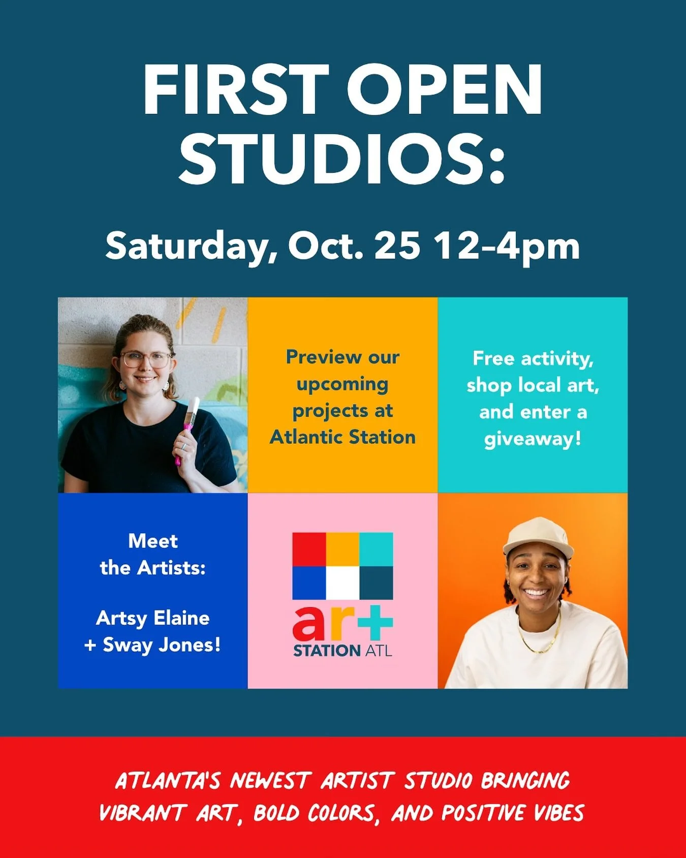 This Saturday!!! Join @_swayart and @artsy_elaine for their first Open Studios as @atlanticstation Artists-in-Residence! Art Station ATL is Atlanta’s newest artist studio bringing vibrant art, bold colors, and positive vibes!
October 25th, 12-