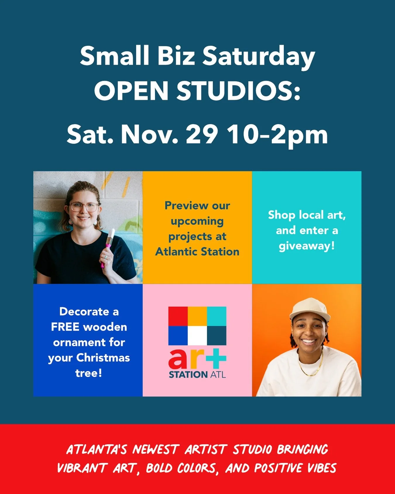 This Saturday!!! Join @_swayart and @artsy_elaine for another Open Studios as @atlanticstation Artists-in-Residence! Art Station ATL is Atlanta&rsquo;s newest artist studio bringing vibrant art, bold colors, and positive vibes!

November 29th, 10-2pm