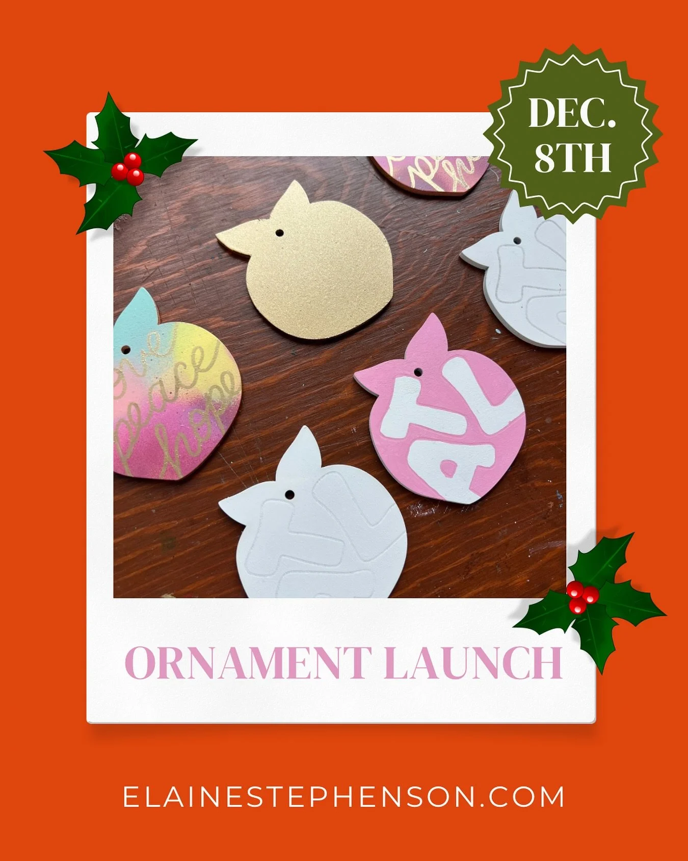 I&rsquo;ll be launching a batch of peachy ornaments on my website this Monday at 10am! Two designs, laser cut and hand painted&hellip;shop on my website, at my studio @artstationatl on Dec. 20th and at @cat_eye_creative in Decatur! Order by Dec. 15th