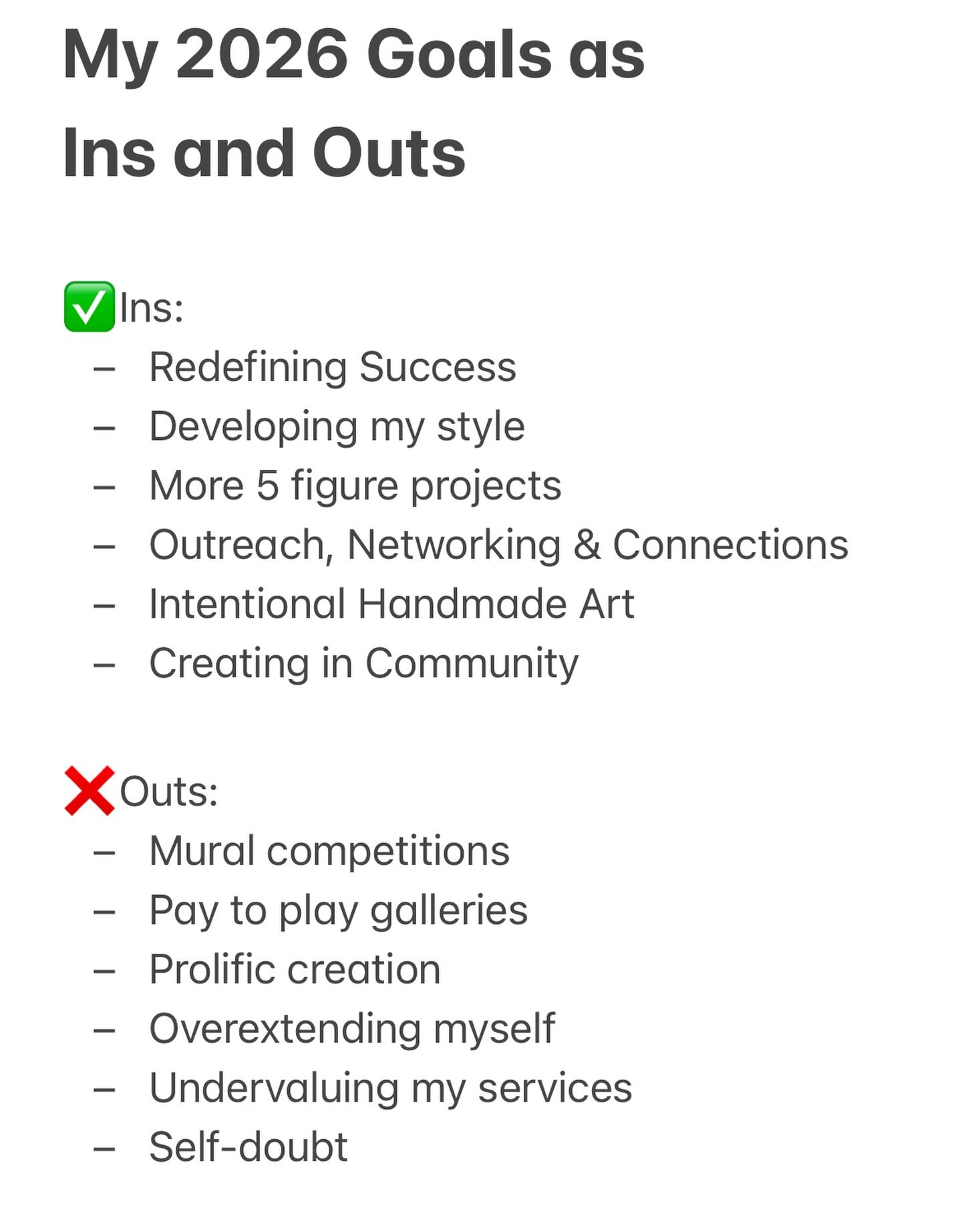 2026! This month I&rsquo;ll be focusing on overall planning for the year, but over the break I outlined a few general goals and intentions. Here are my &lsquo;in&rsquo;s&rsquo; below! What are your goals for the year? ❓

- Redefining Success: What do