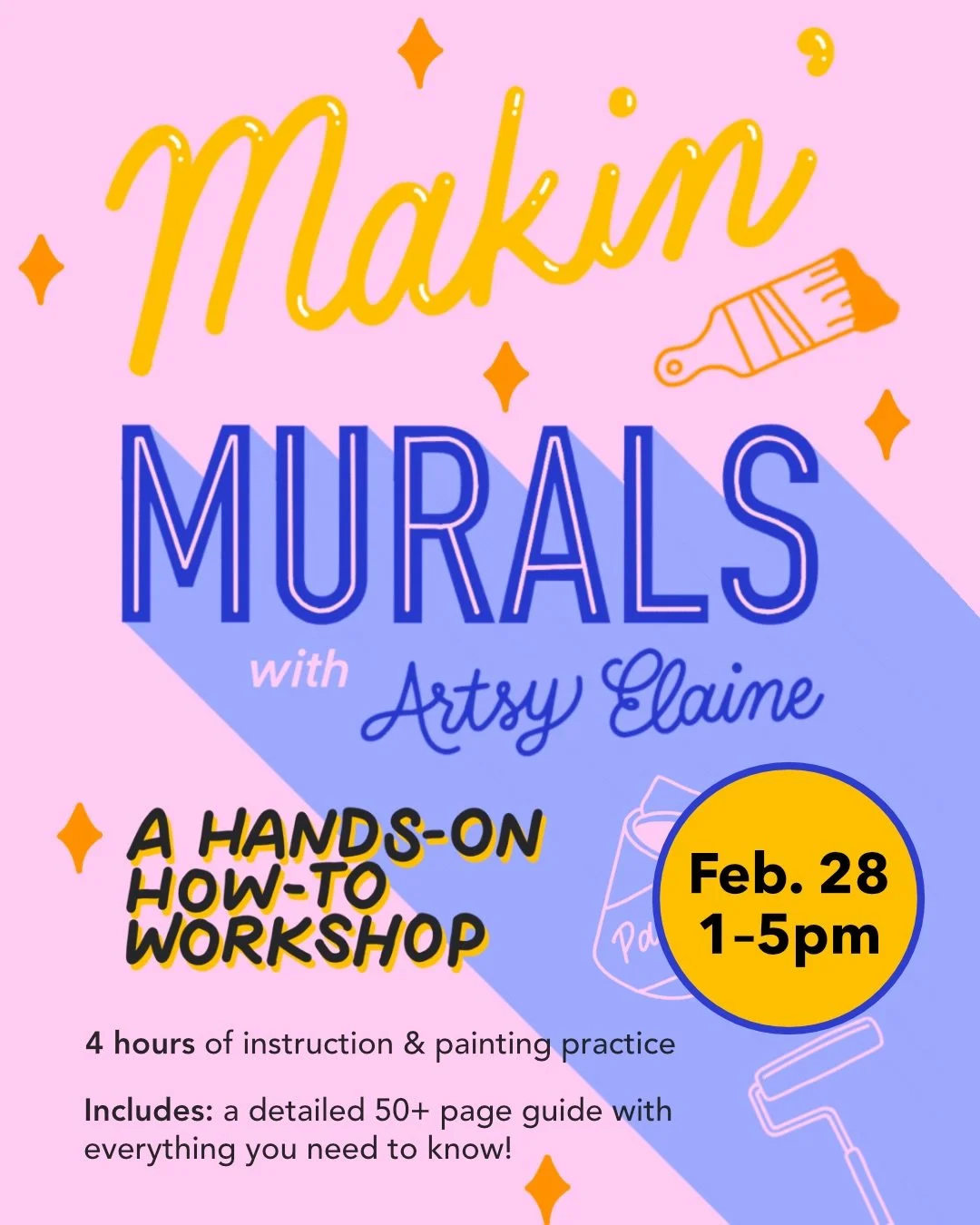 It&rsquo;s baaackk!! I&rsquo;m offering another Makin&rsquo; Murals workshop to teach you how to paint art big on walls. Perfect for the artist who wants to start painting murals or the hobbyist who wants to paint one in their home. Feb. 28, 1-5pm. I