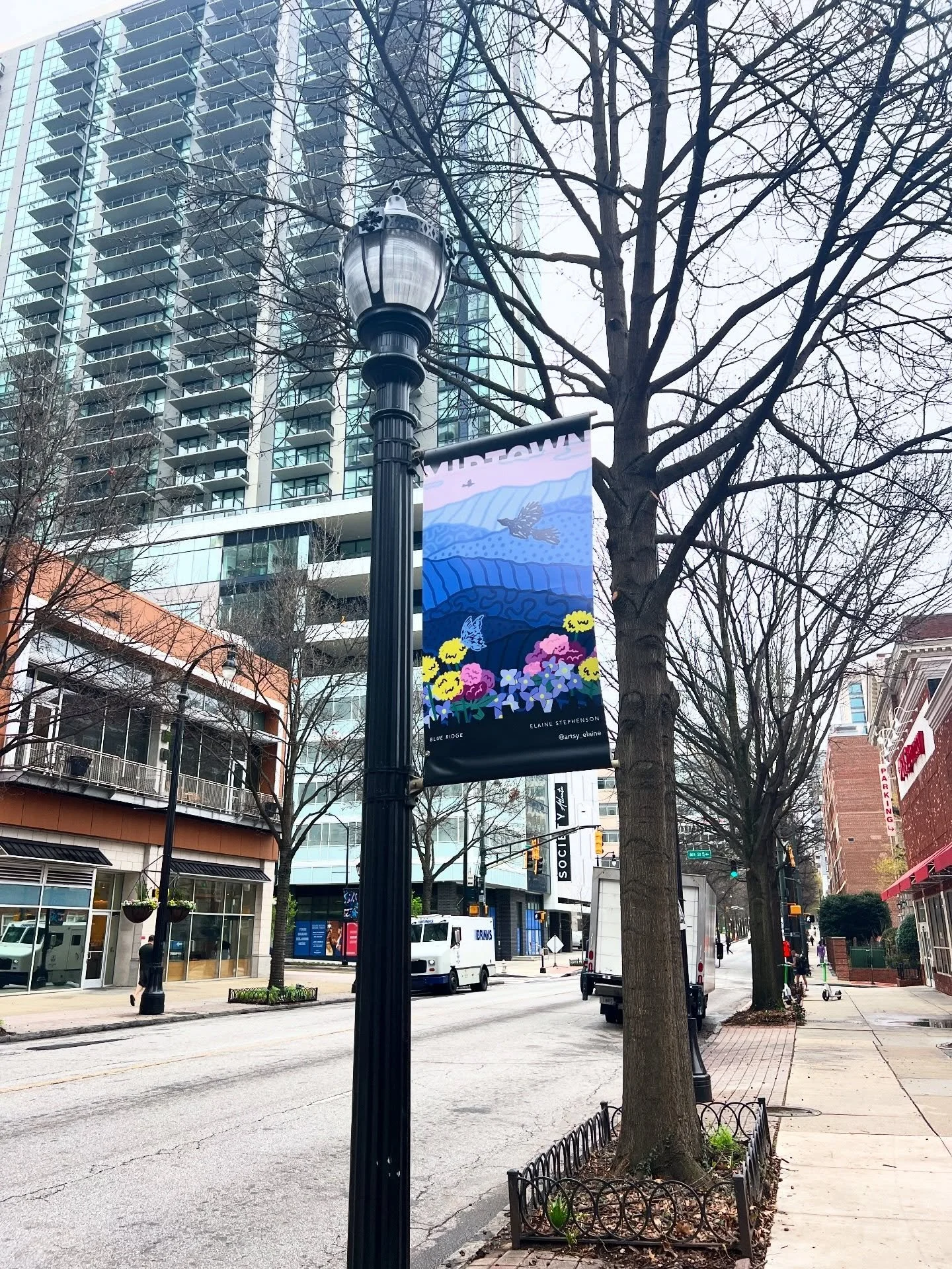 I finally got a chance to capture my latest banner chosen for the Midtown Alliance Outdoor Art Gallery, celebrating the Blue Ridge Mountains. It&rsquo;s so cool to see all the different banner artwork as you walk the streets of Midtown. Thanks for pr