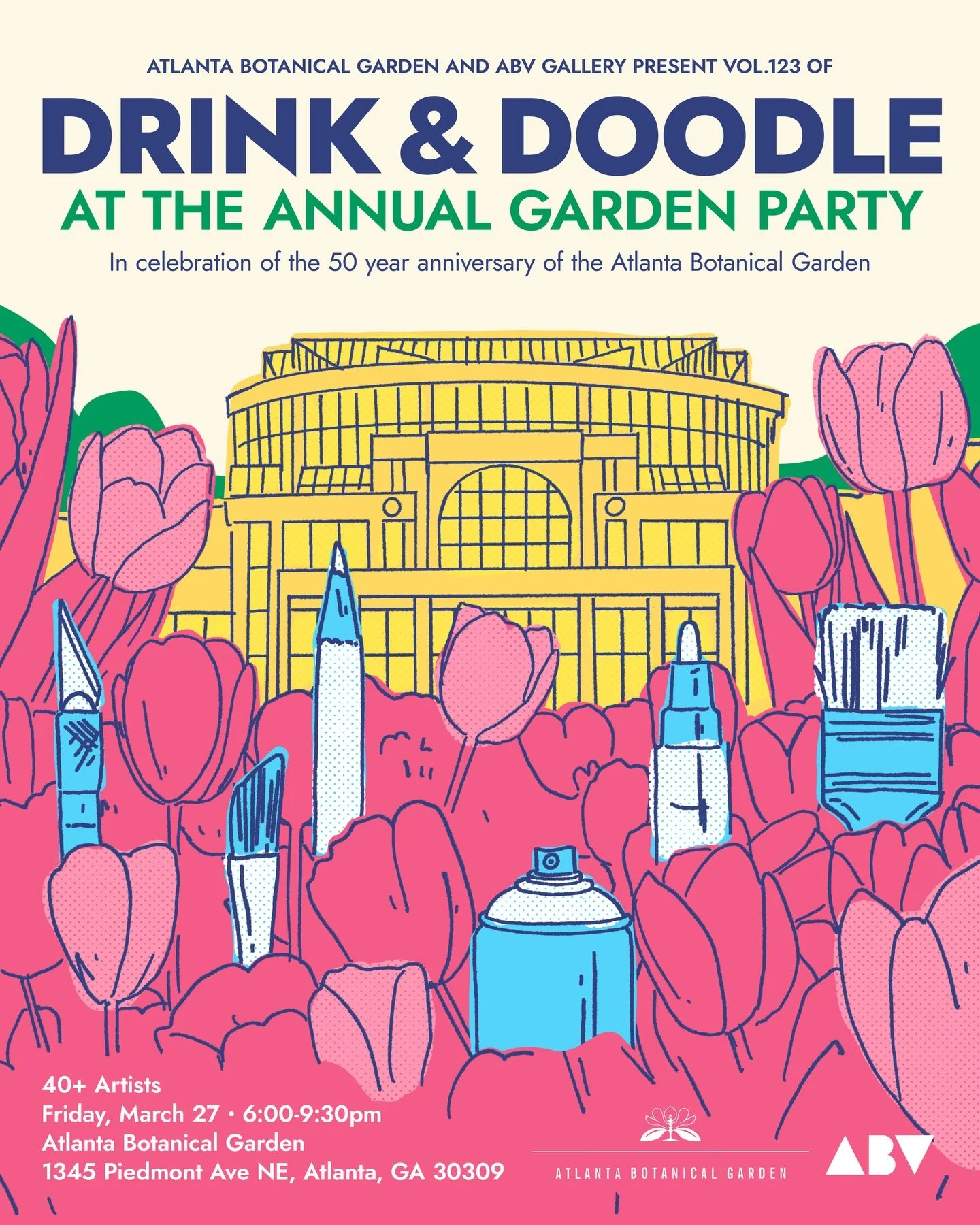 I&rsquo;m excited to participate in Drink and Doodle with @abvgallery at @atlbotanical! The event takes place during the @atlbotanical Annual Garden Party.
I&rsquo;ll be drawing live from 6 &ndash; 9:30 PM alongside 50 artists creating new works thro