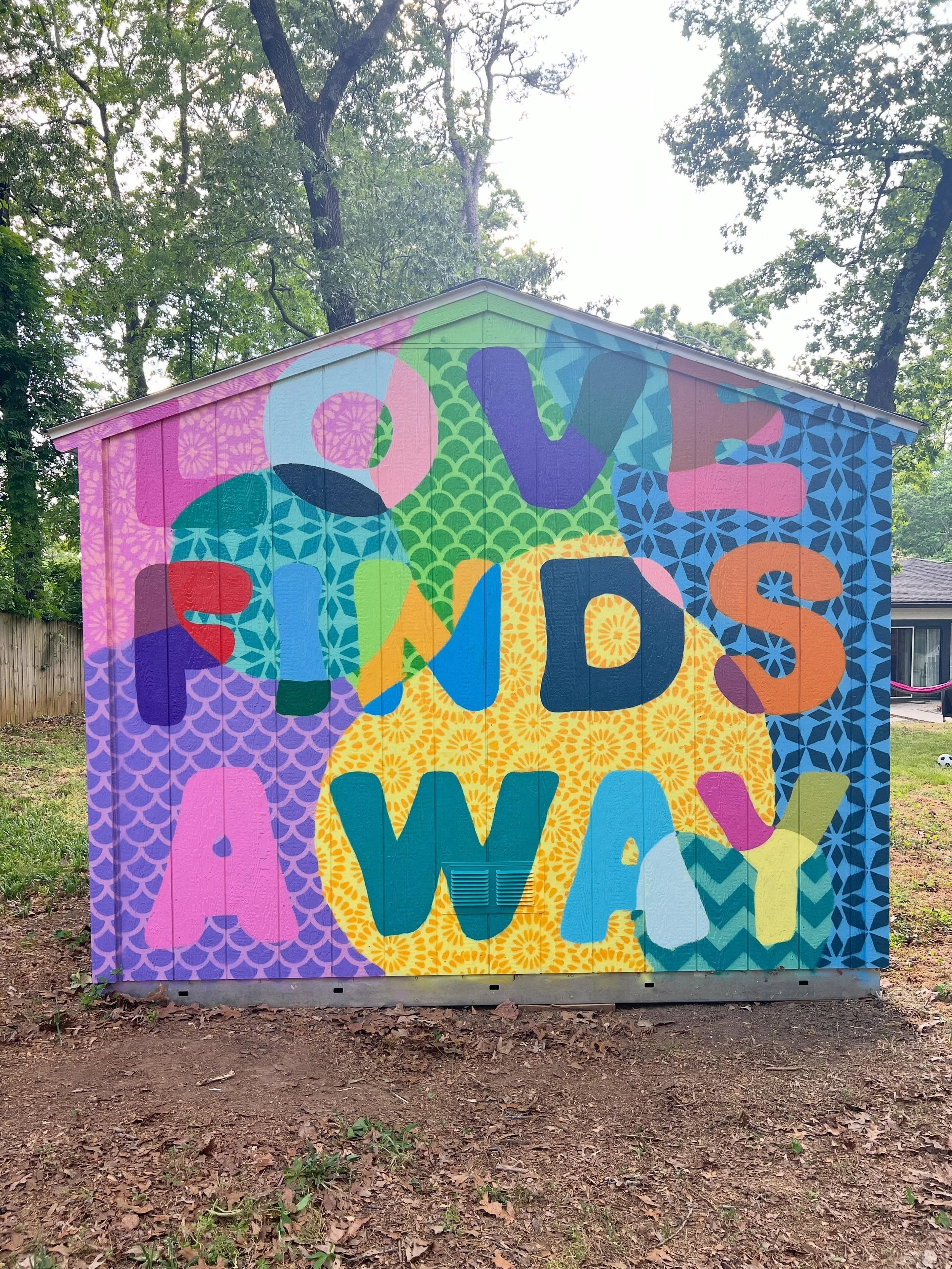 &ldquo;Love Finds A Way&rdquo; finished mural all done with spray paint and stencils. I had fun on this merging abstract shapes, lettering and patterns. Should I keep exploring this style?