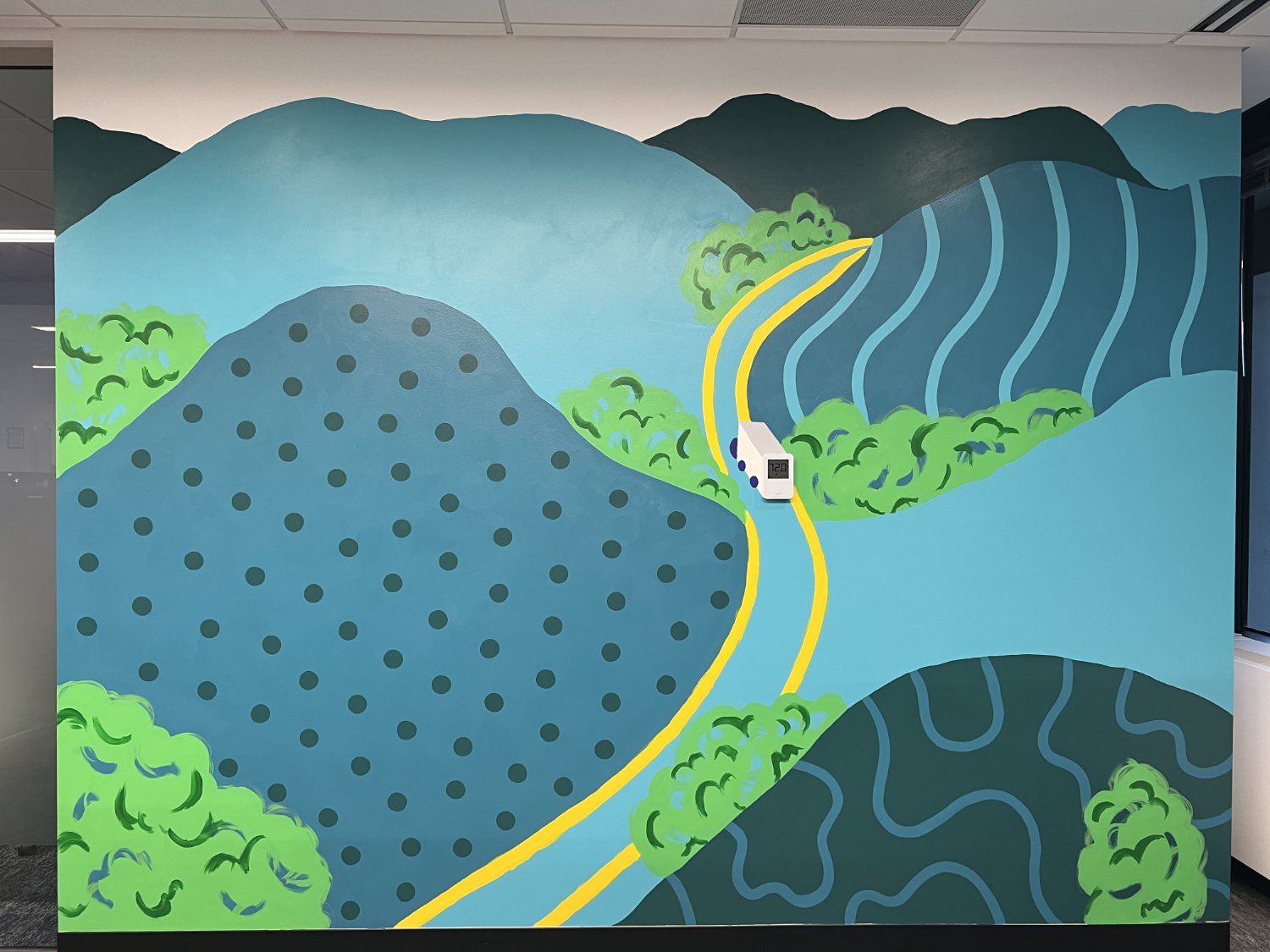 Abstract Mountain scene with a winding road and truck for an interior office client.